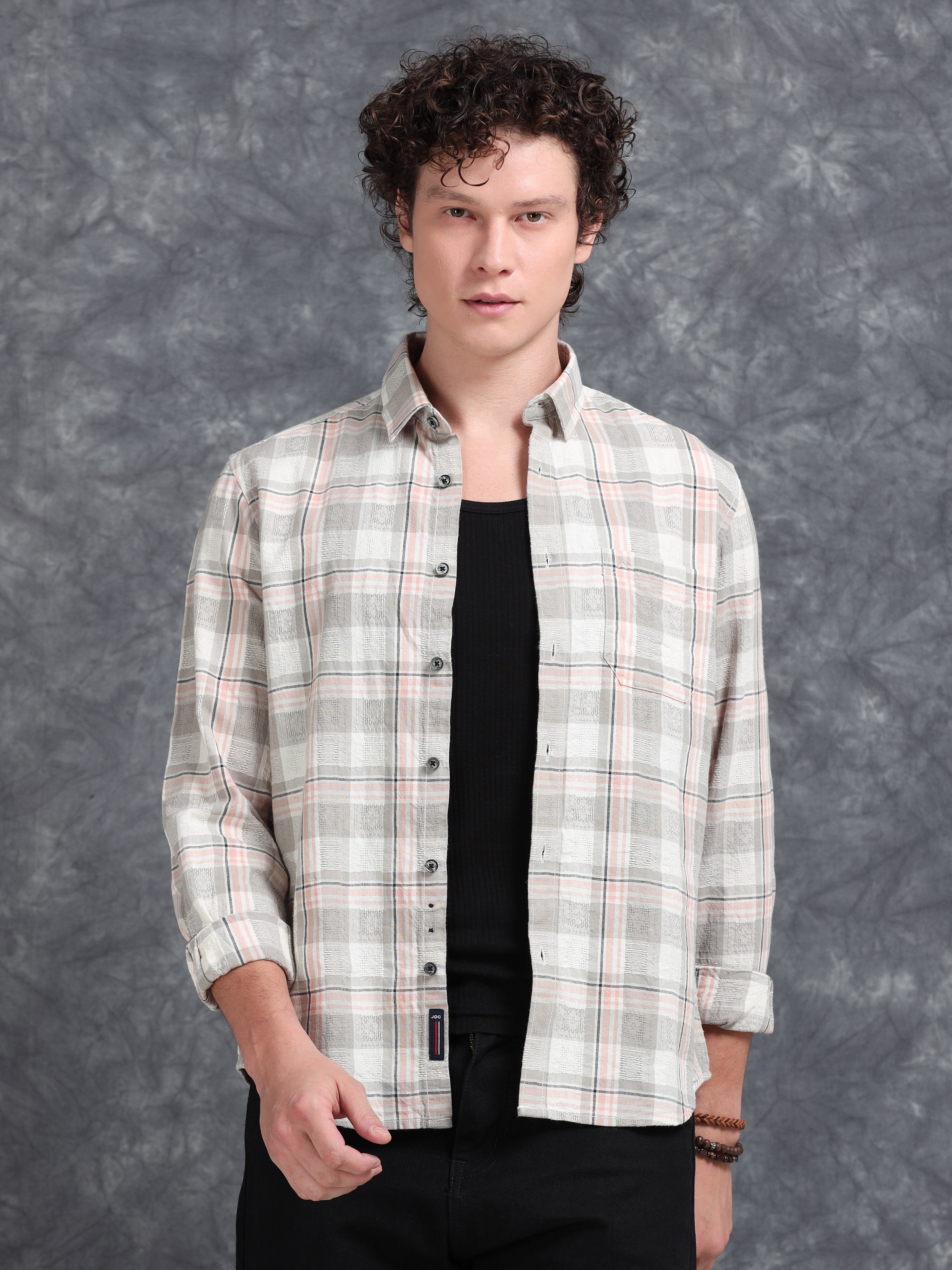 MEN'S LT.ORANGE CHECKS SLIM FIT SHIRT