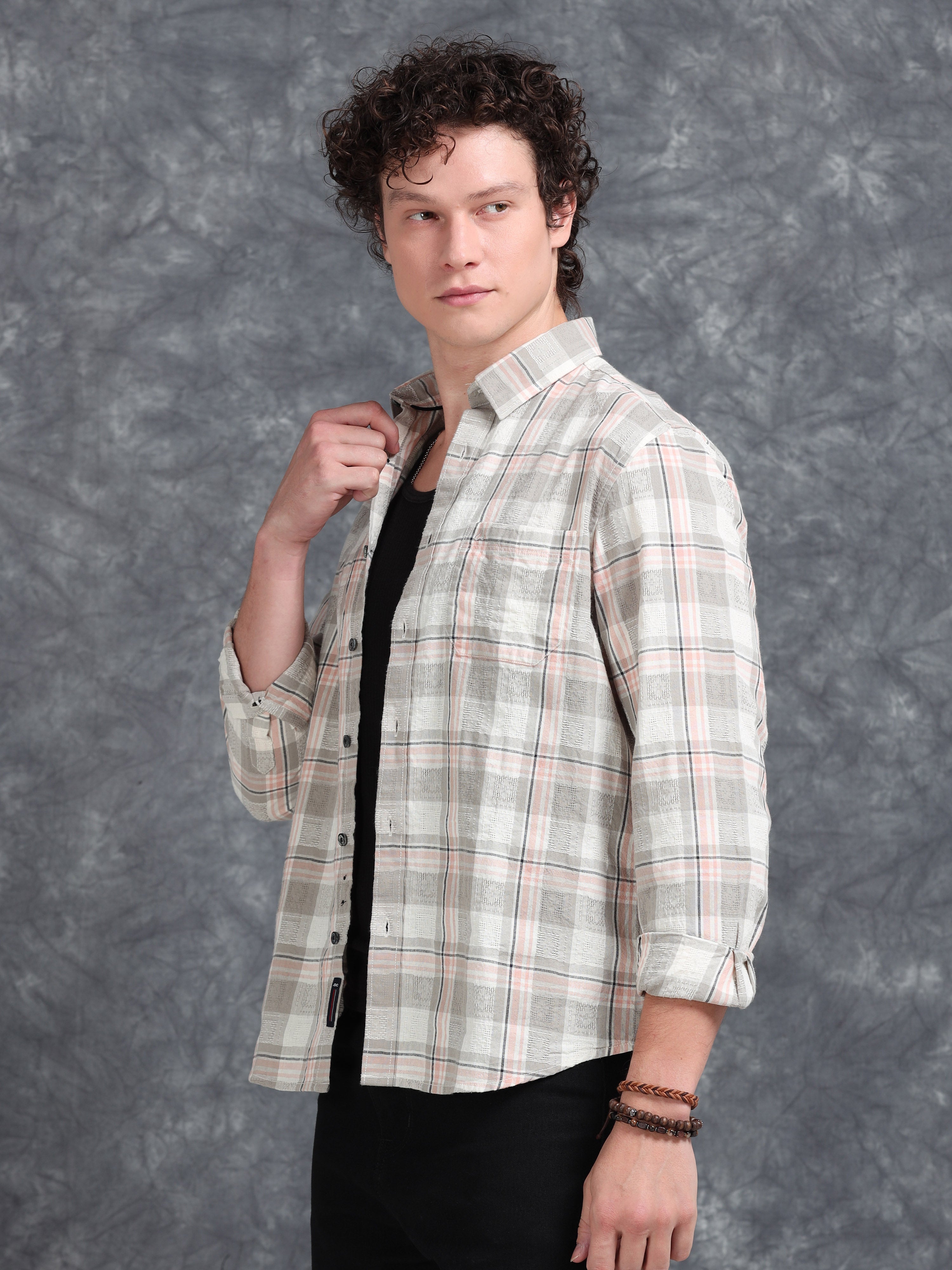 MEN'S LT.ORANGE CHECKS SLIM FIT SHIRT