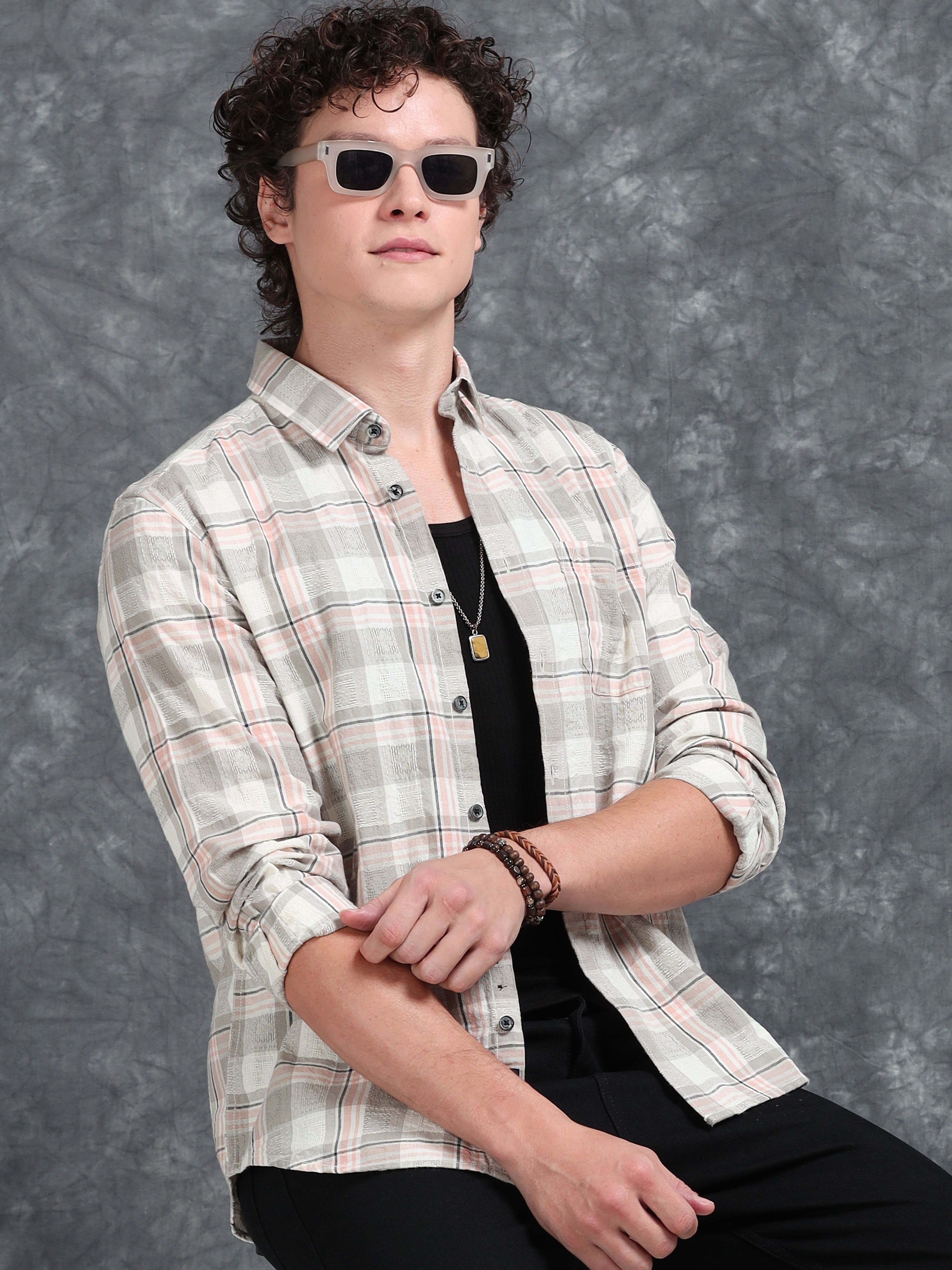 MEN'S LT.ORANGE CHECKS SLIM FIT SHIRT