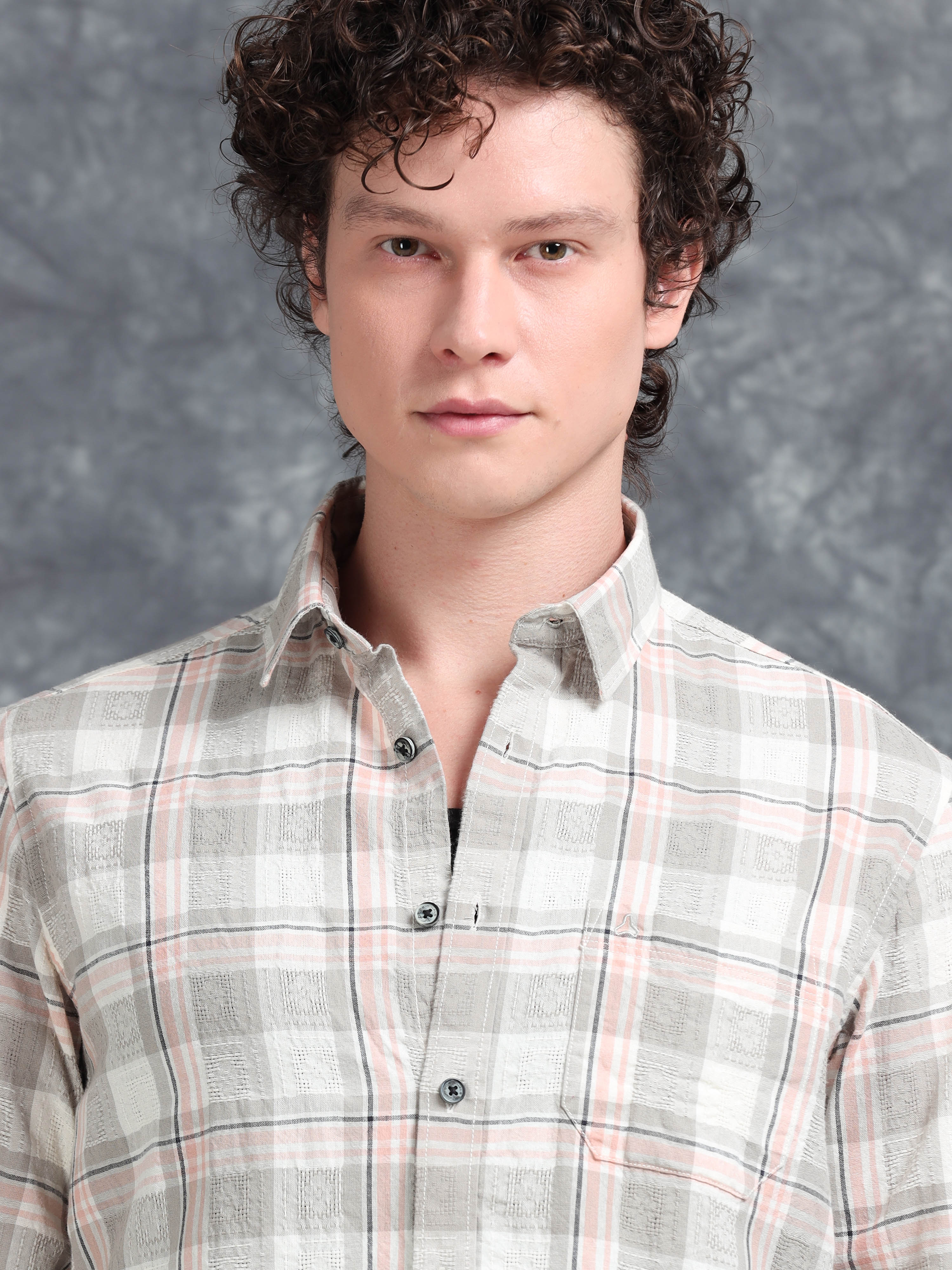 MEN'S LT.ORANGE CHECKS SLIM FIT SHIRT