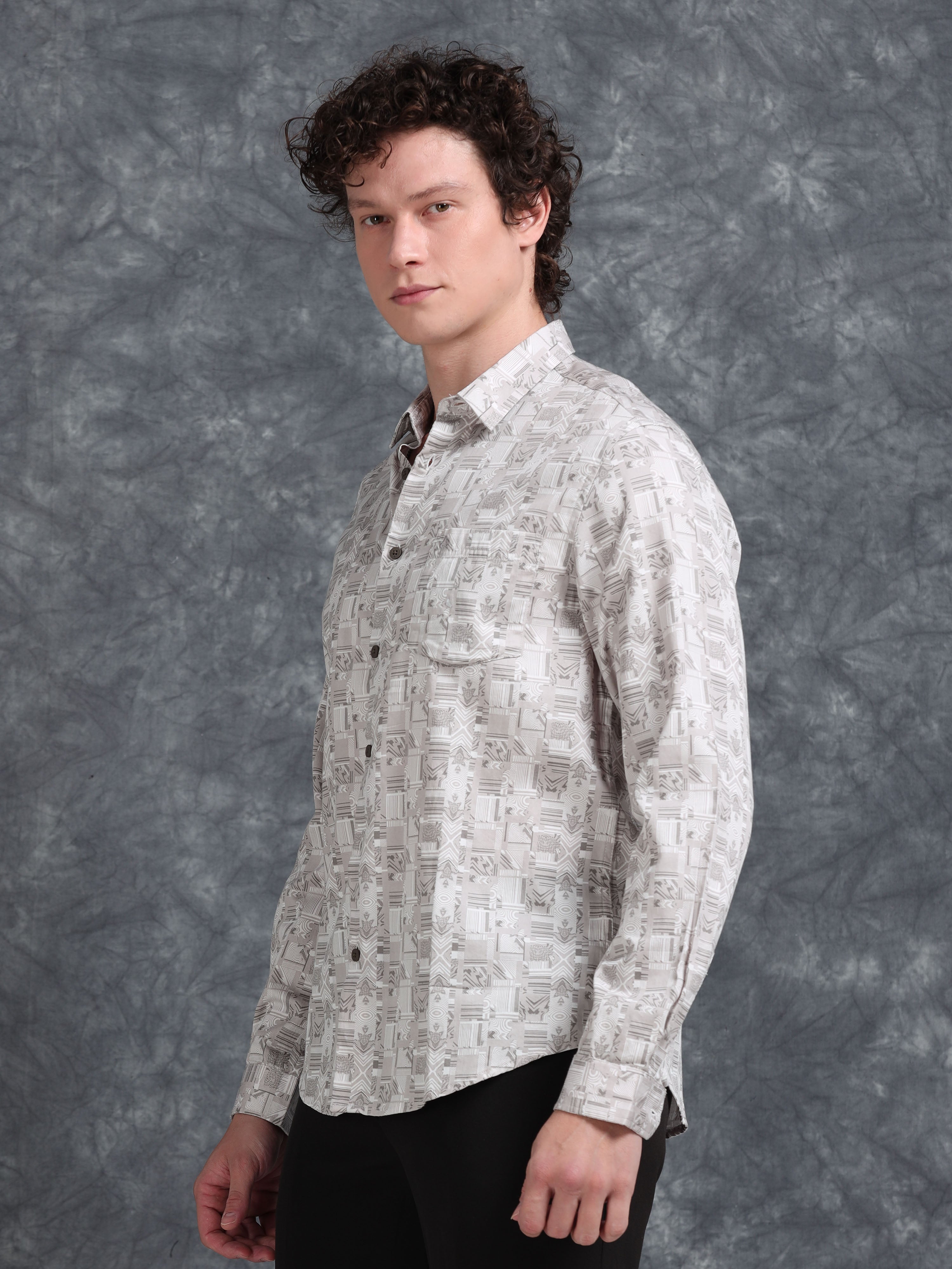 MEN'S LT.BROWN PRINT SLIM FIT SHIRT