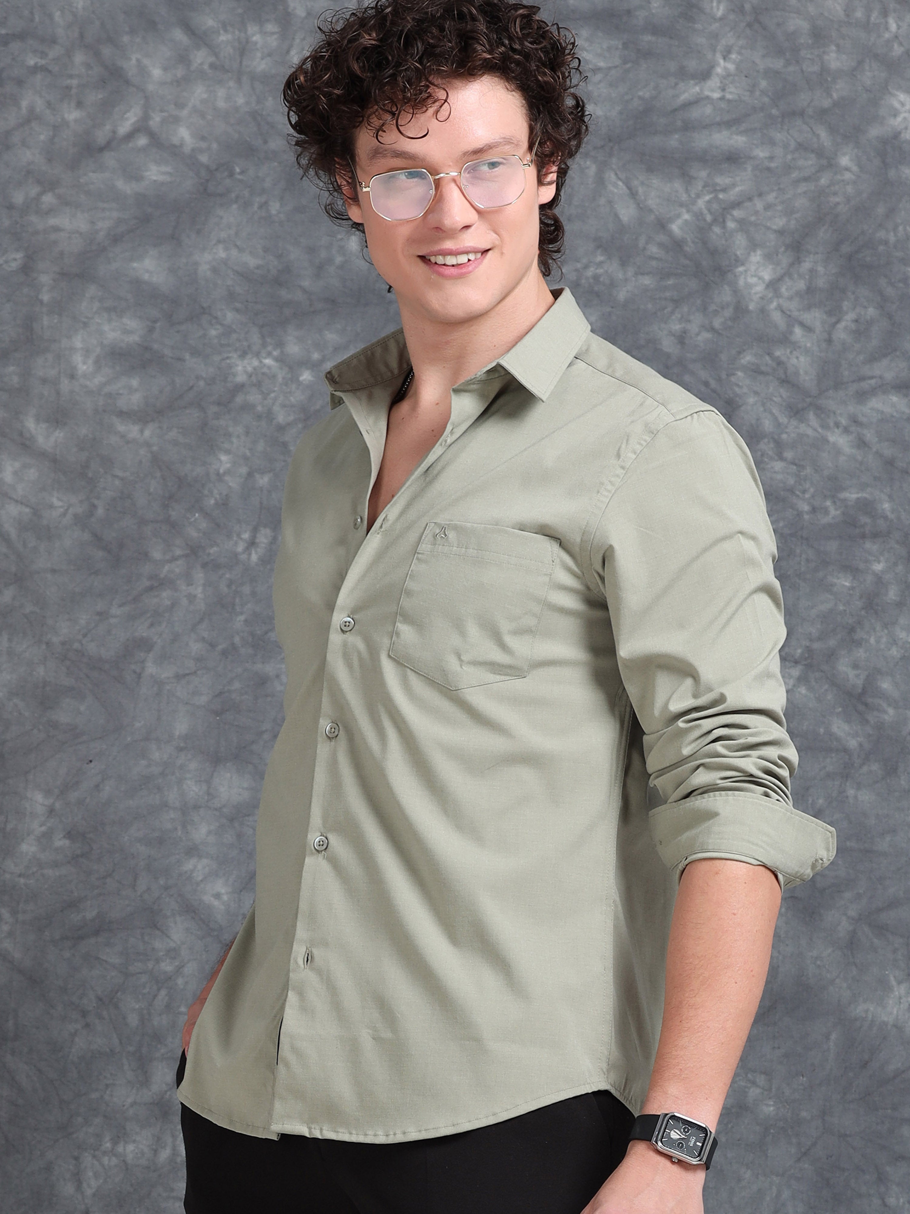 MEN'S PISTA GREEN SOLID SLIM FIT SHIRT