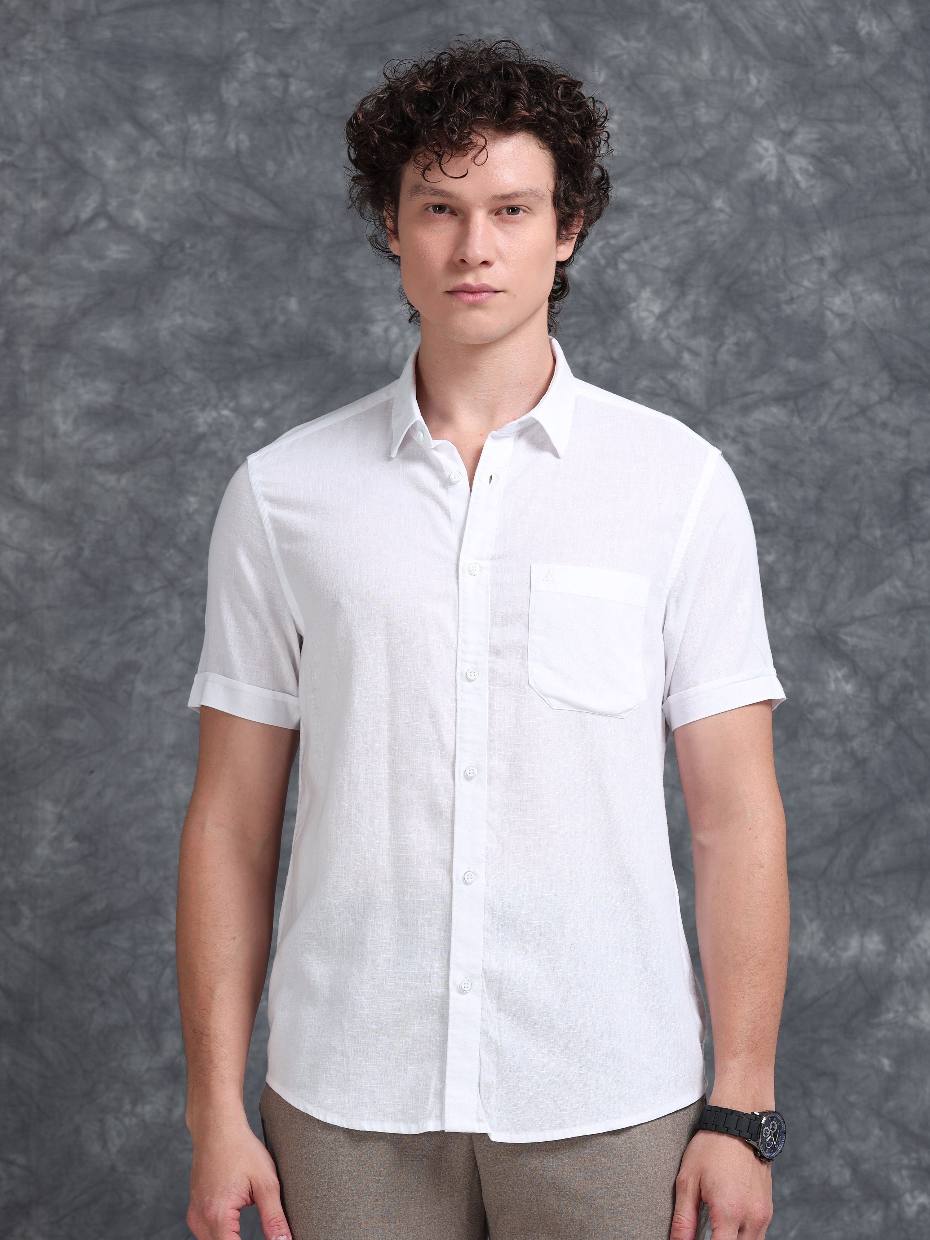 MEN'S WHITE SOLID SLIM FIT LINEN SHIRT