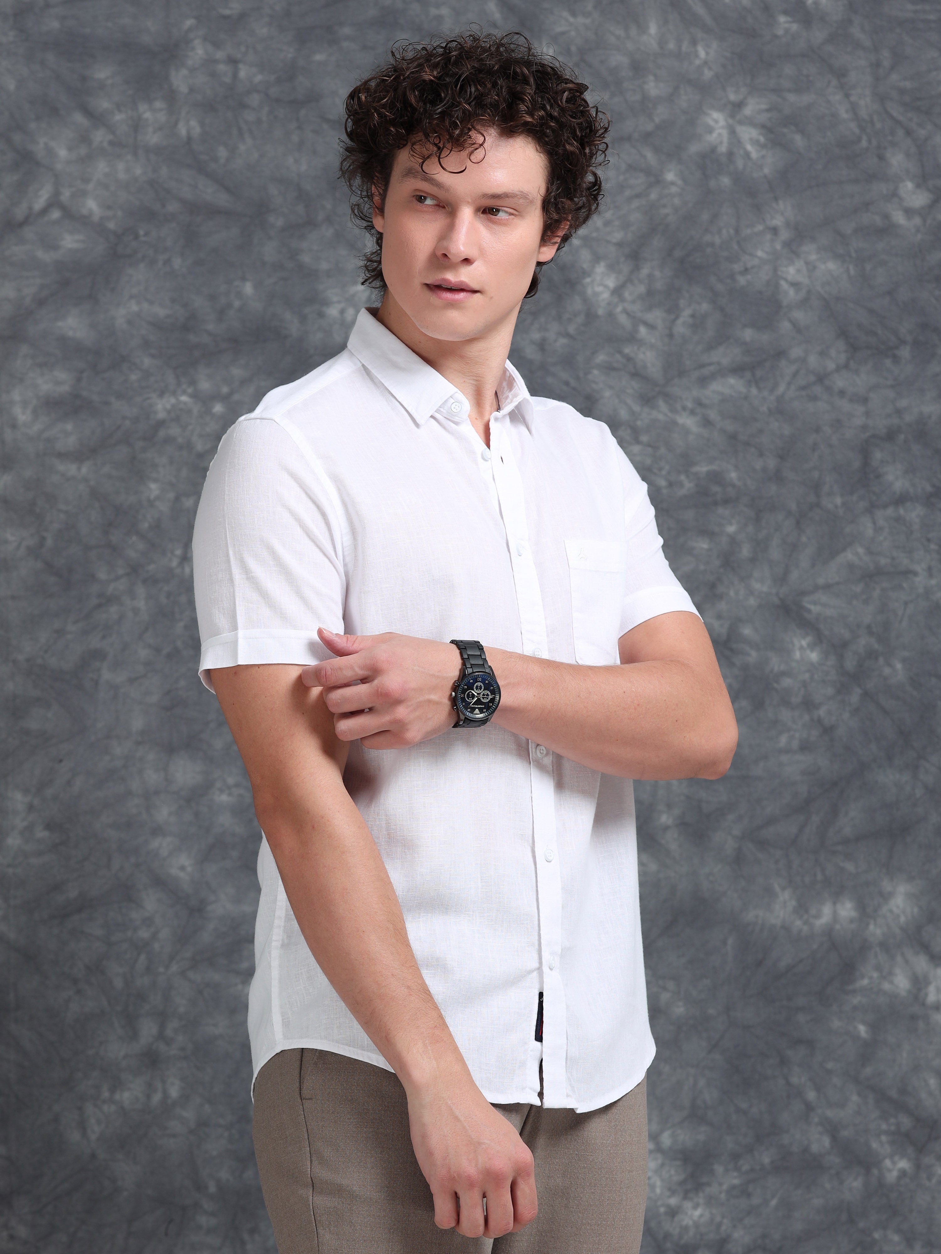 MEN'S WHITE SOLID SLIM FIT LINEN SHIRT