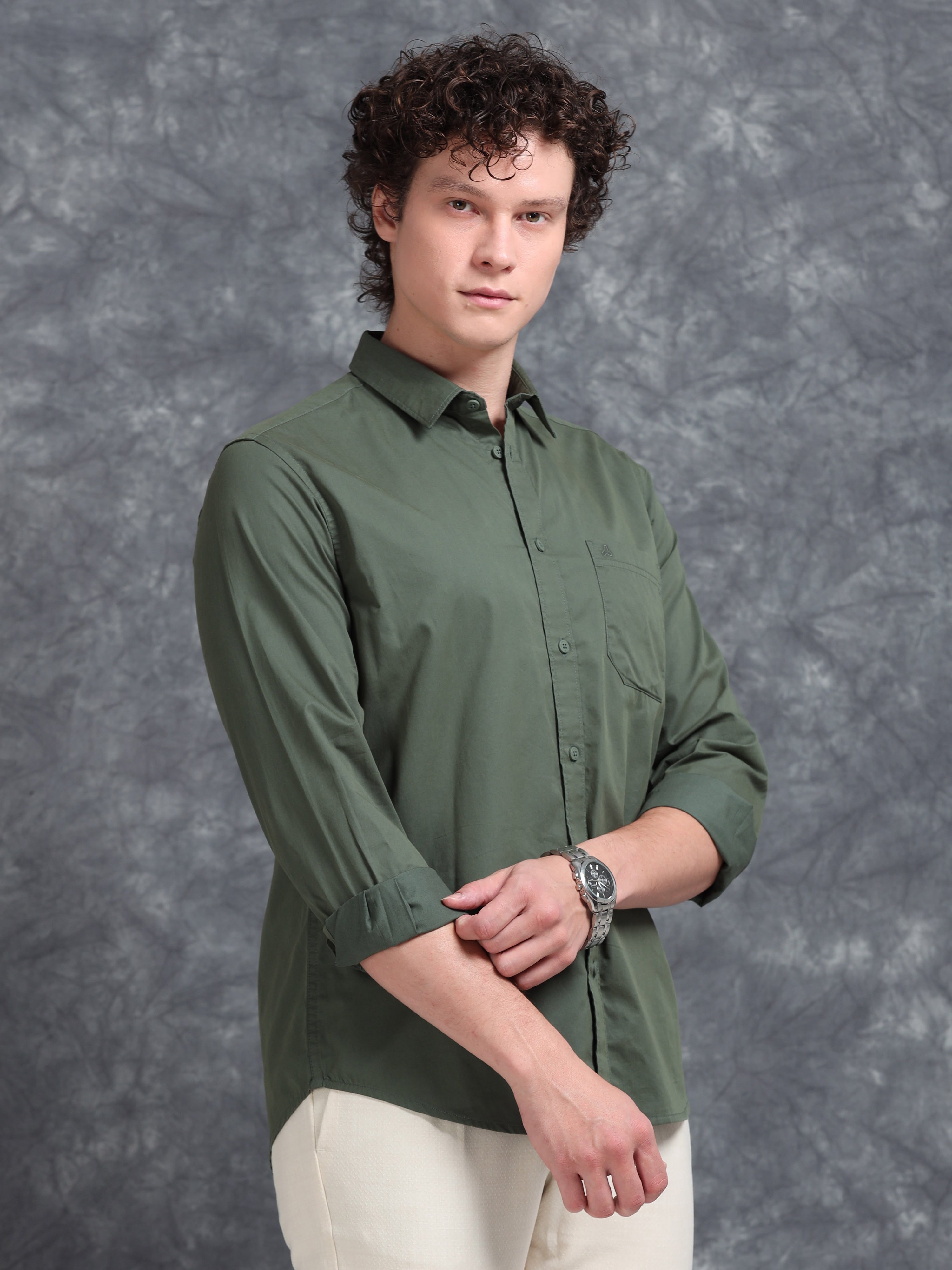 MEN'S GREEN SOLID SLIM FIT SHIRT