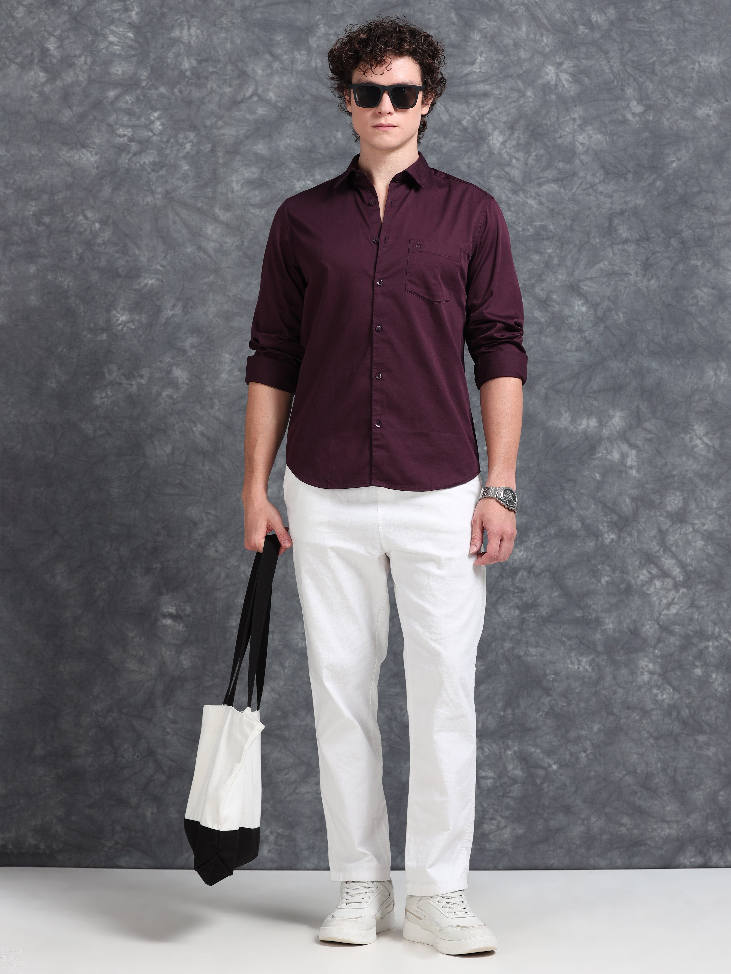 MEN'S WINE SOLID SLIM FIT SHIRT