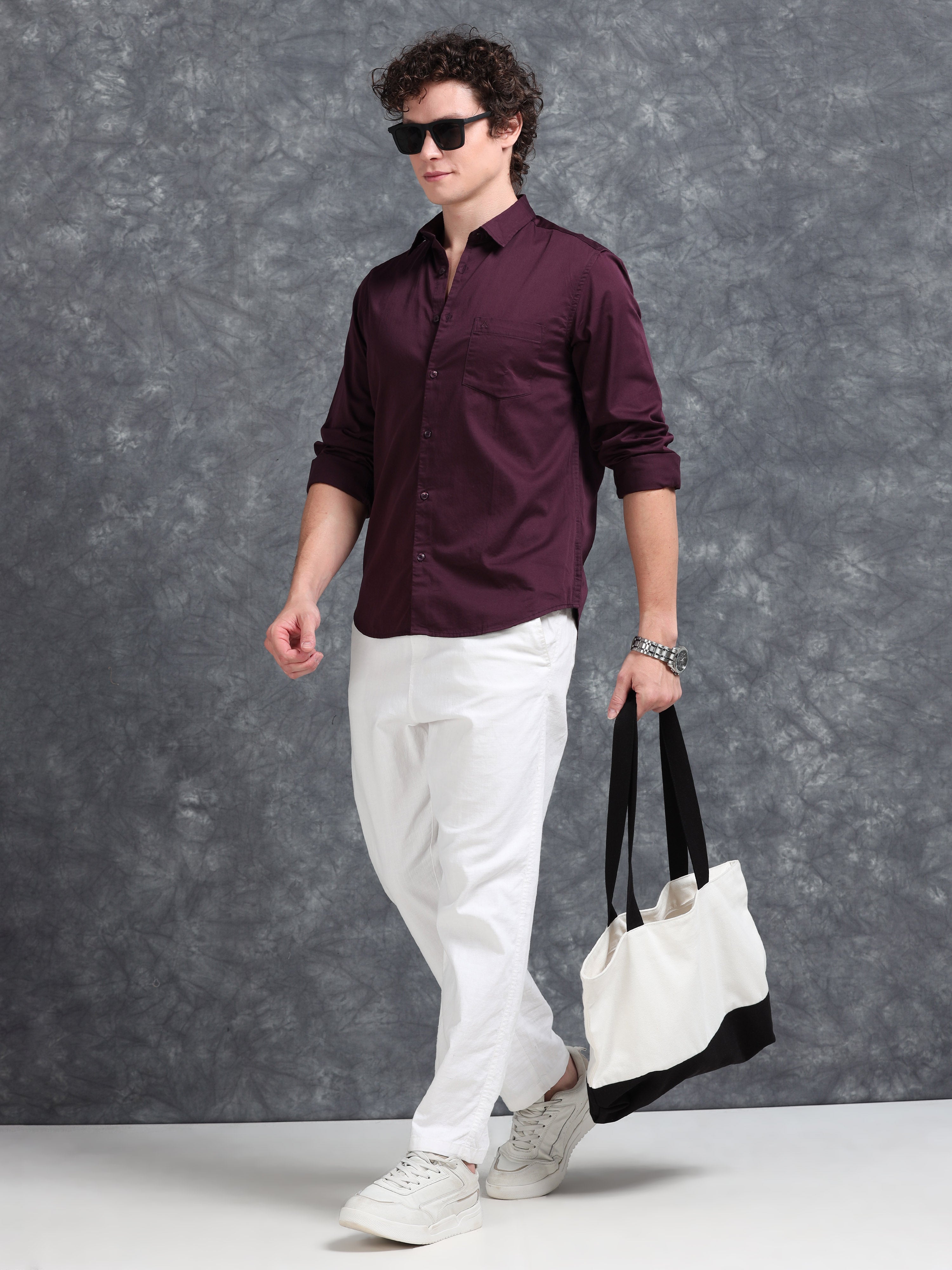 MEN'S WINE SOLID SLIM FIT SHIRT