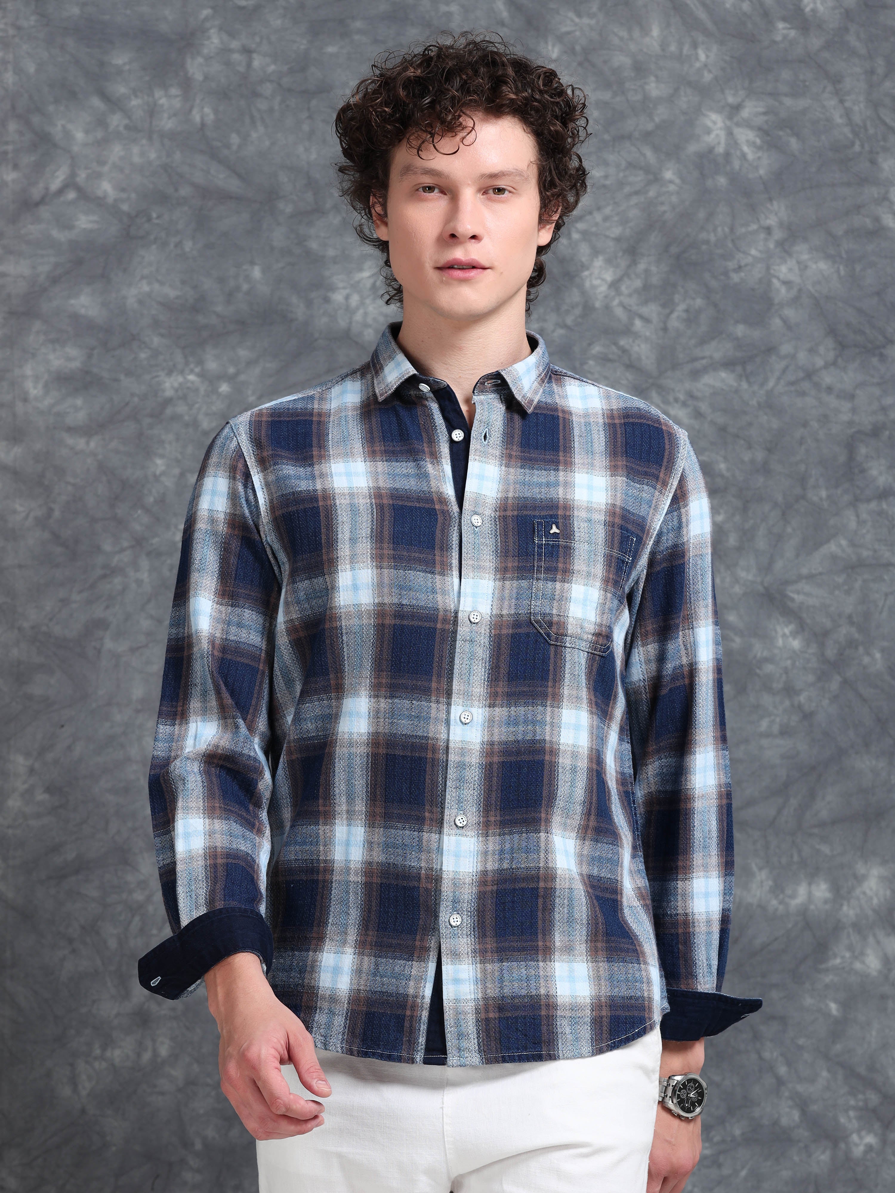MEN'S GOLDEN NAVY INDIGO CHECKS SLIM FIT SHIRT