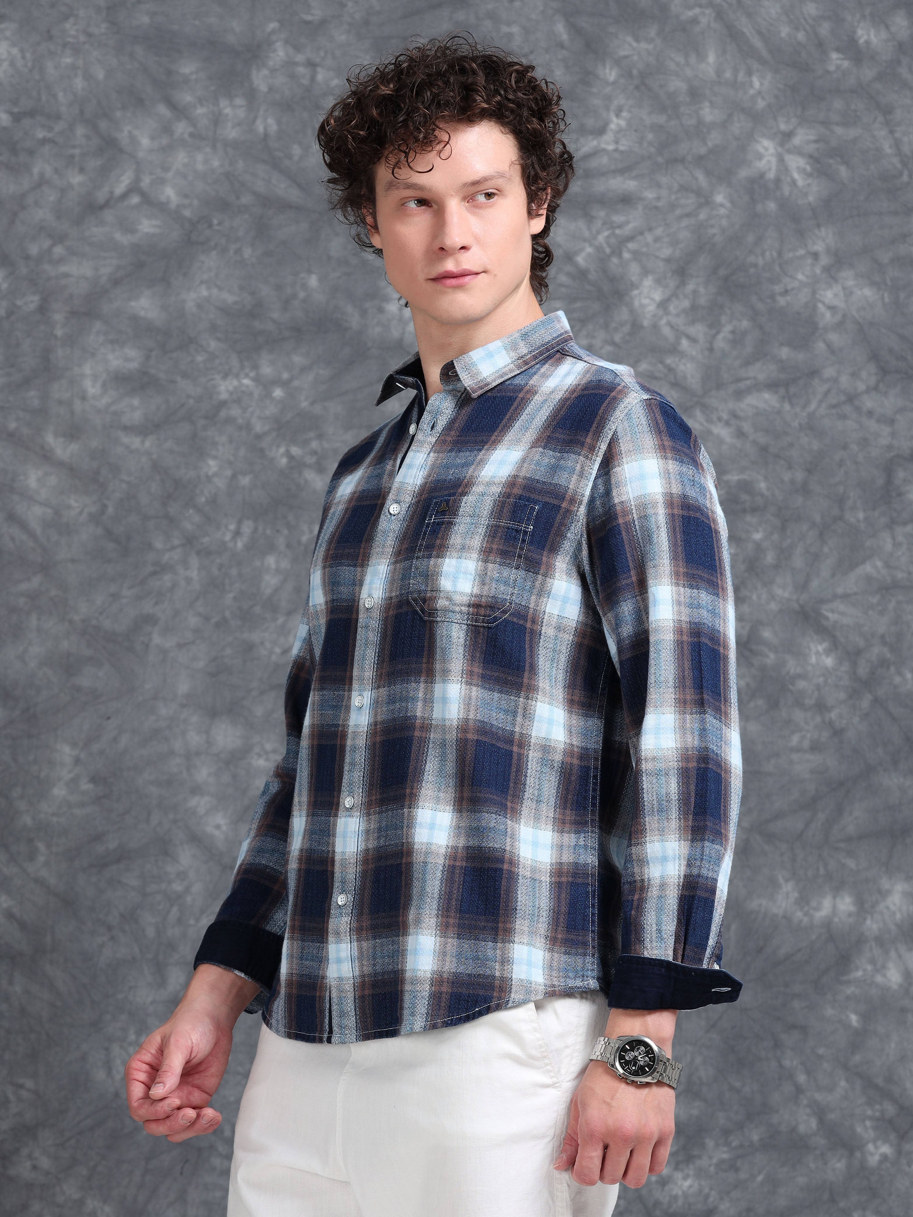 MEN'S GOLDEN NAVY INDIGO CHECKS SLIM FIT SHIRT