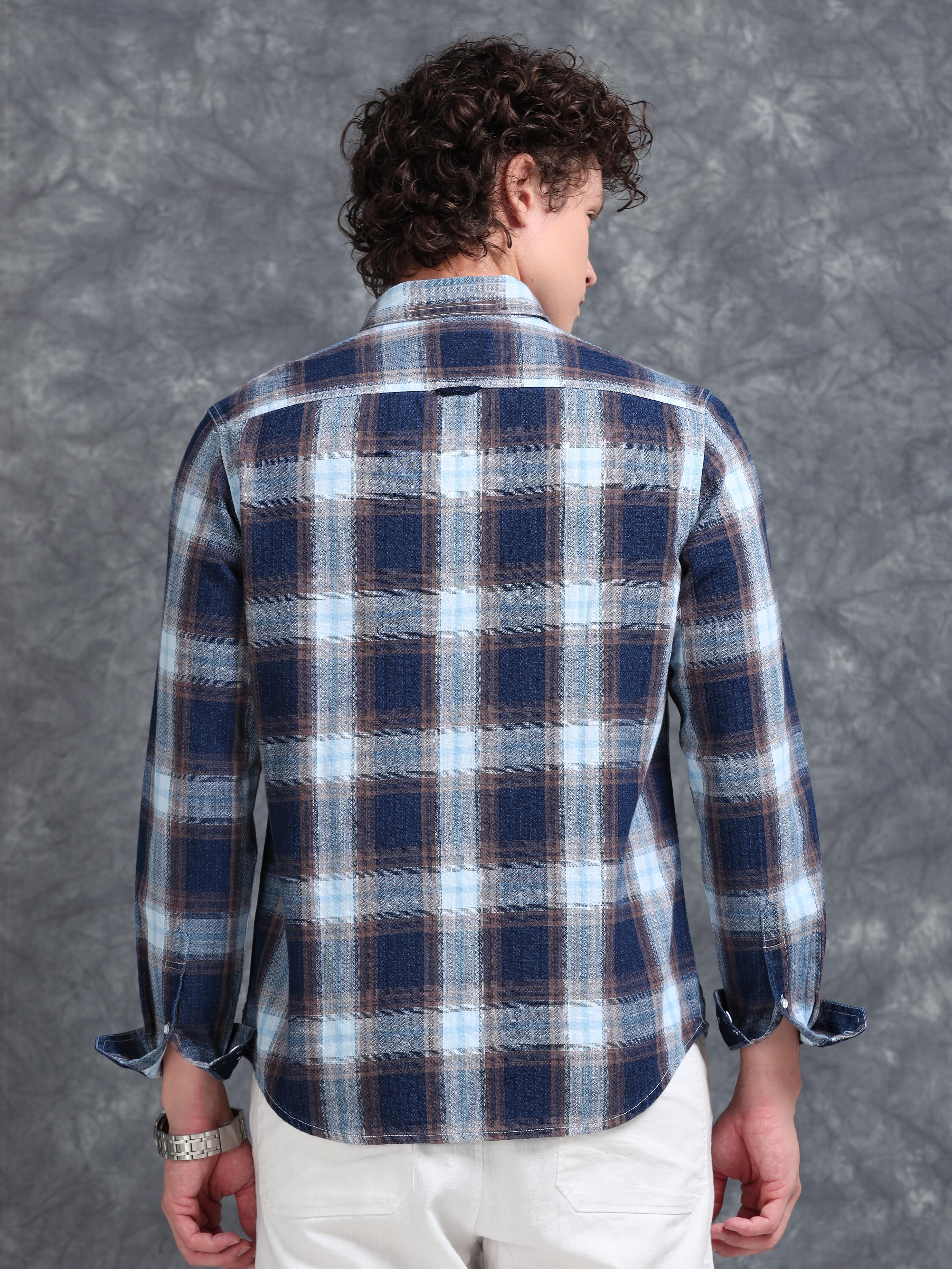MEN'S GOLDEN NAVY INDIGO CHECKS SLIM FIT SHIRT