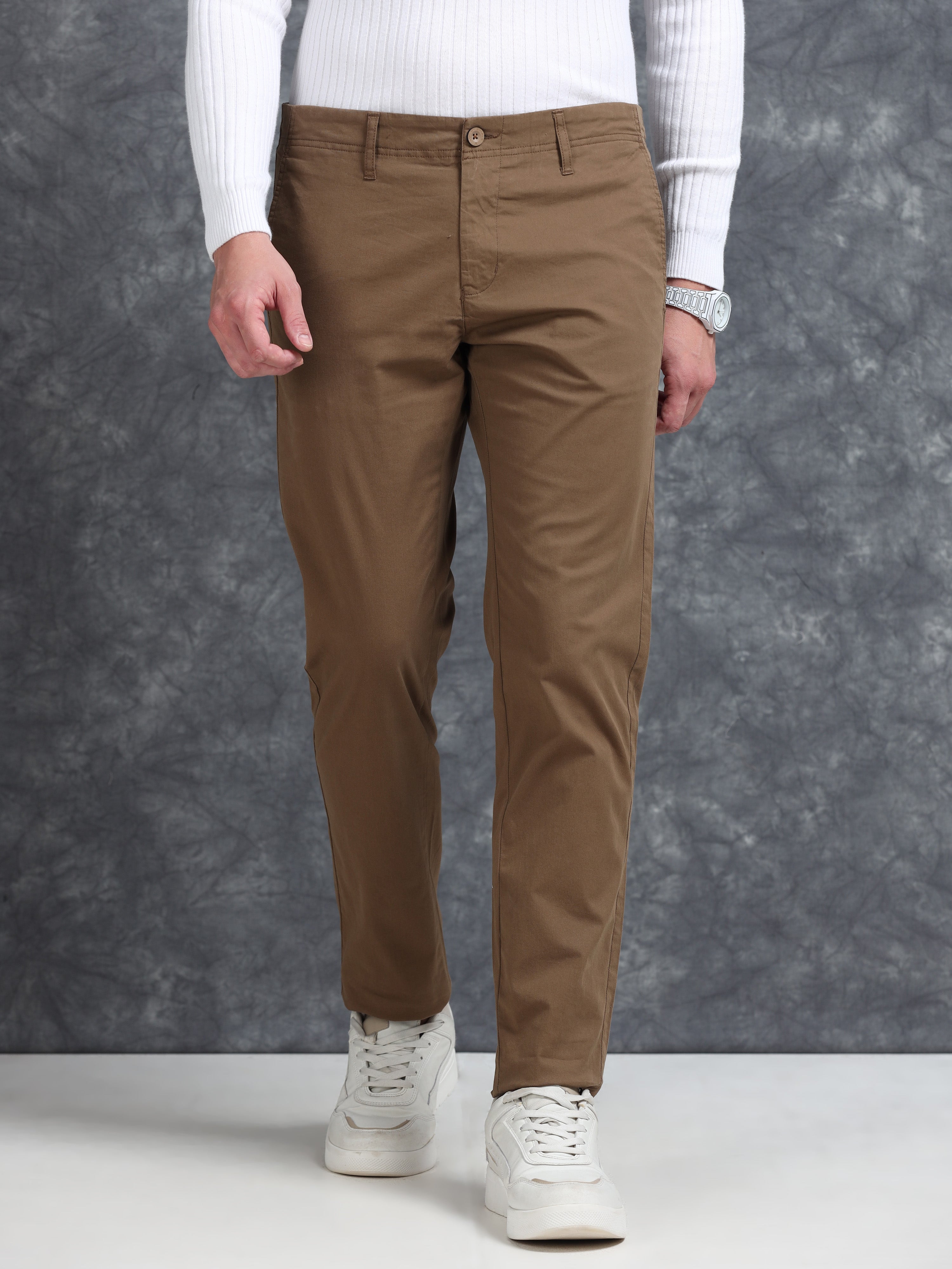 MEN'S DK.KHAKI SOLID SLIM FIT TROUSER