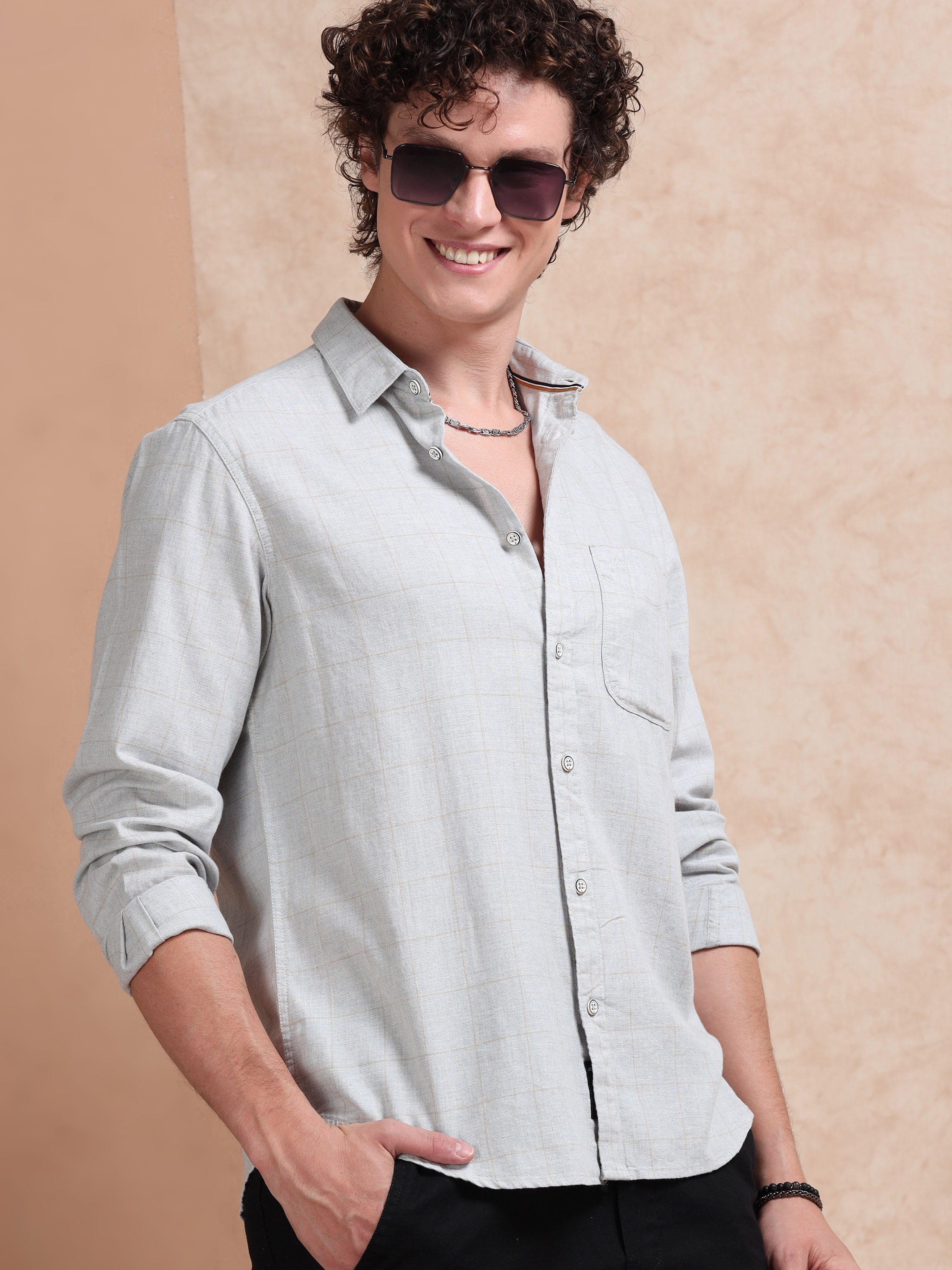 MEN'S LT.GREY CHECKS SLIM FIT SHIRT