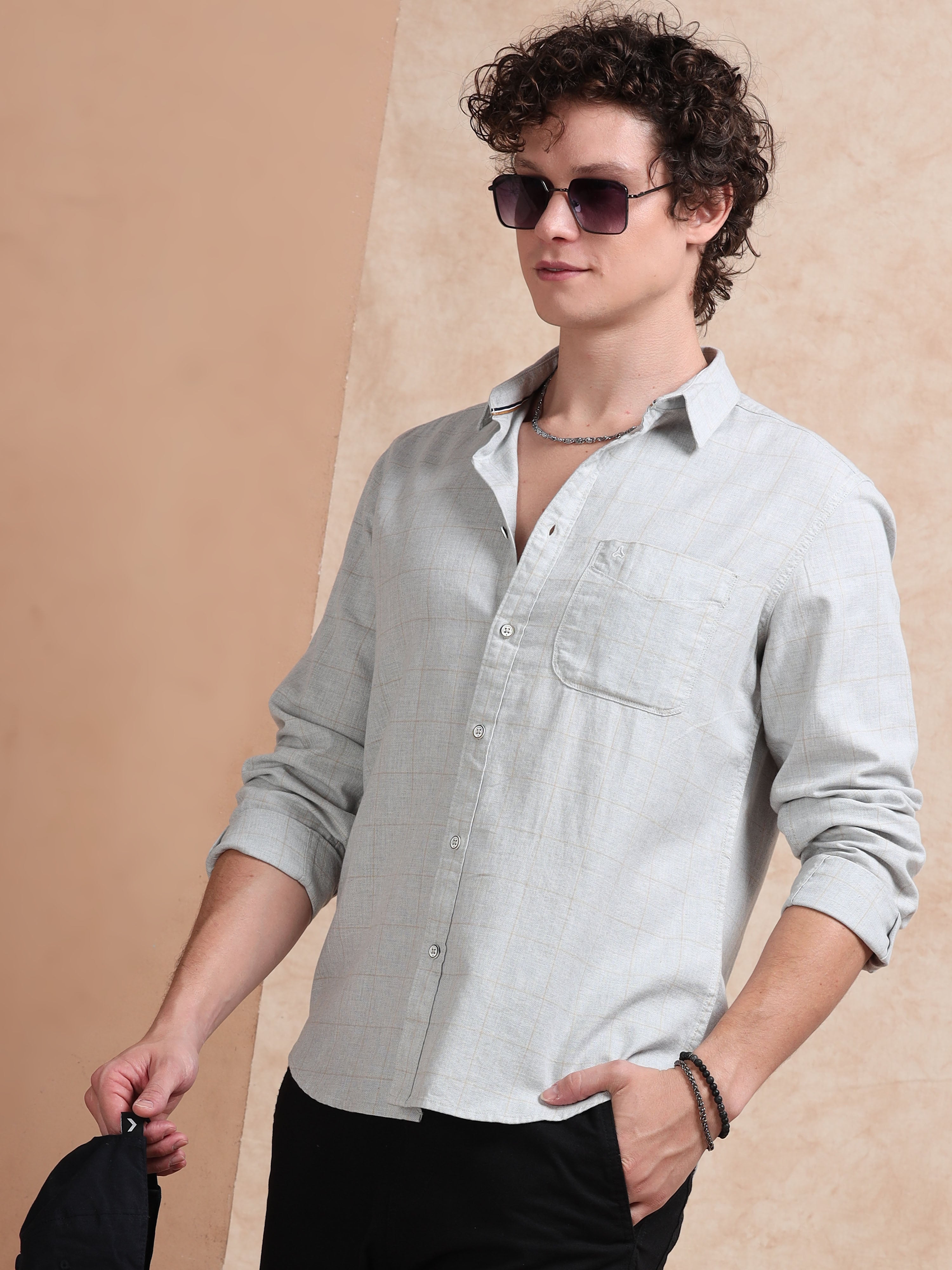 MEN'S LT.GREY CHECKS SLIM FIT SHIRT