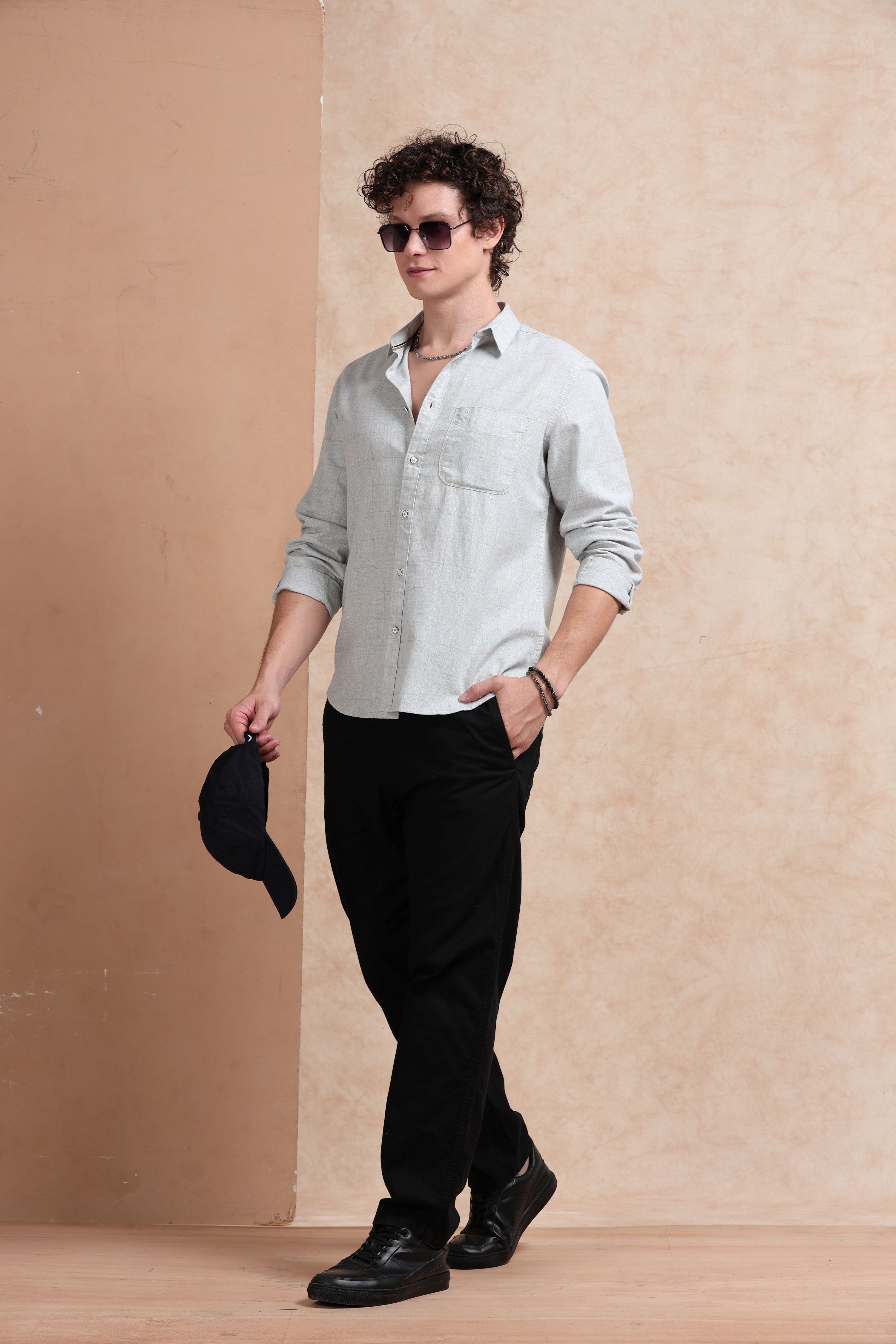 MEN'S LT.GREY CHECKS SLIM FIT SHIRT