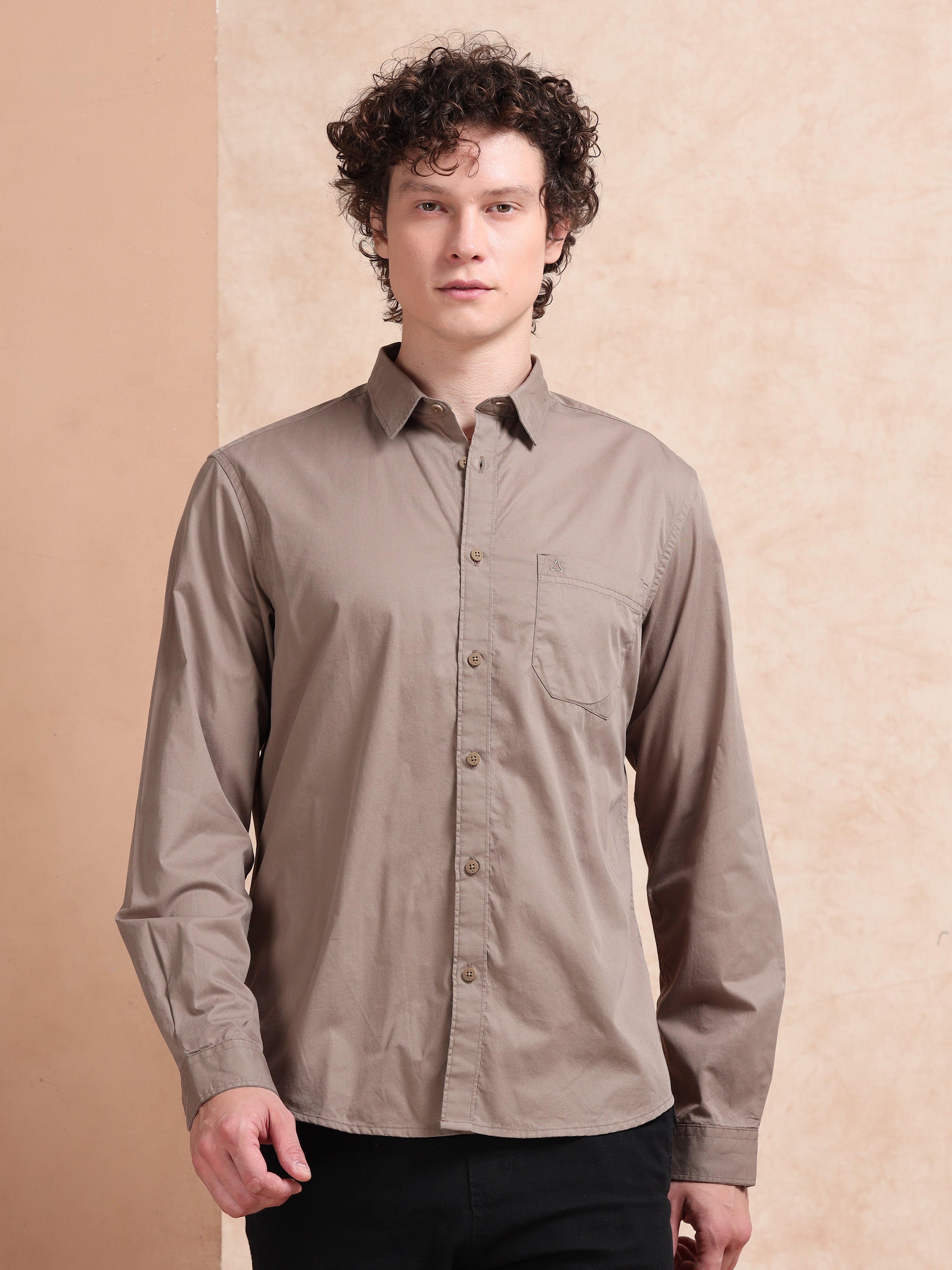 MEN'S DK.KHAKI SOLID SLIM FIT SHIRT