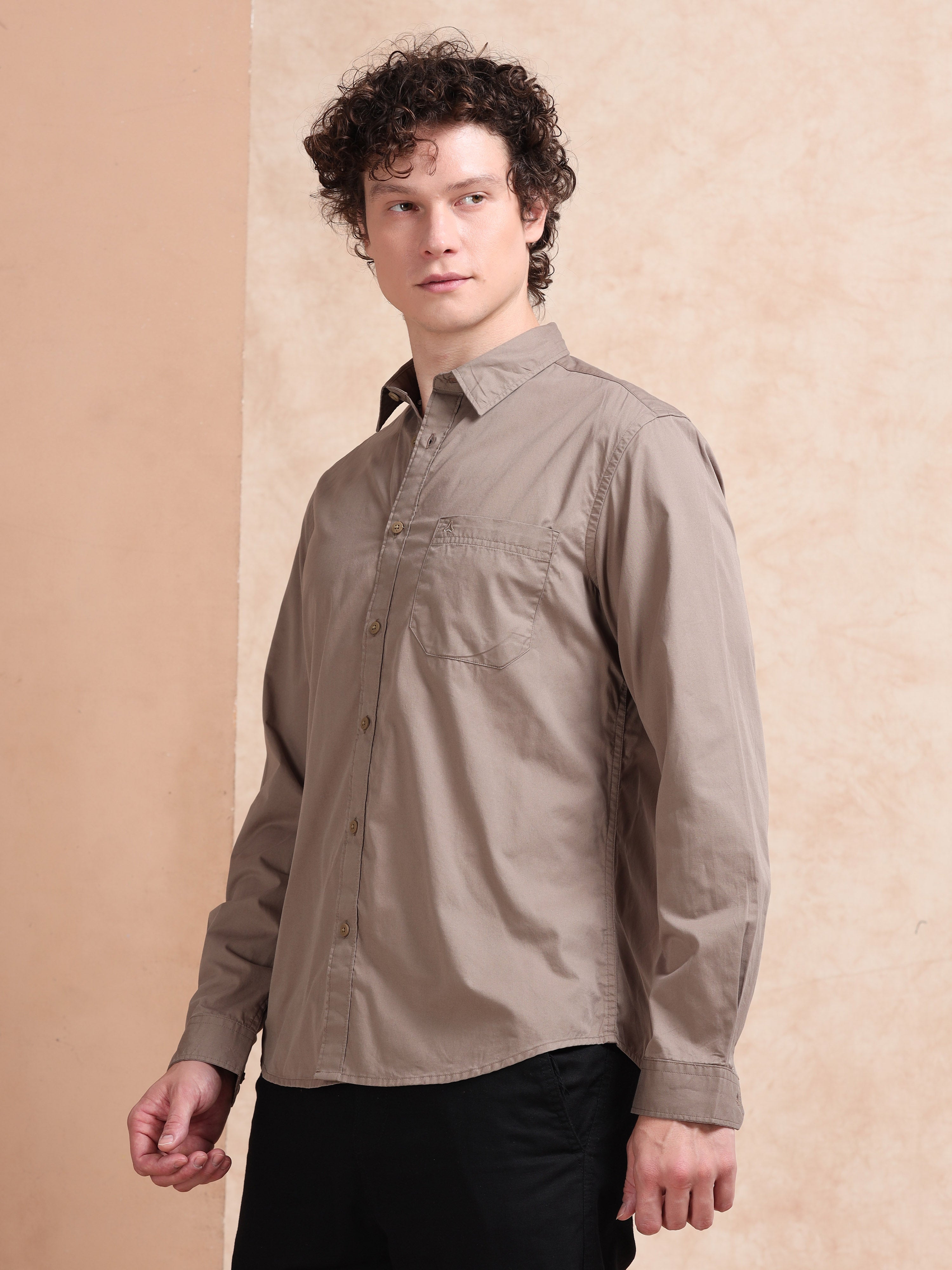 MEN'S DK.KHAKI SOLID SLIM FIT SHIRT