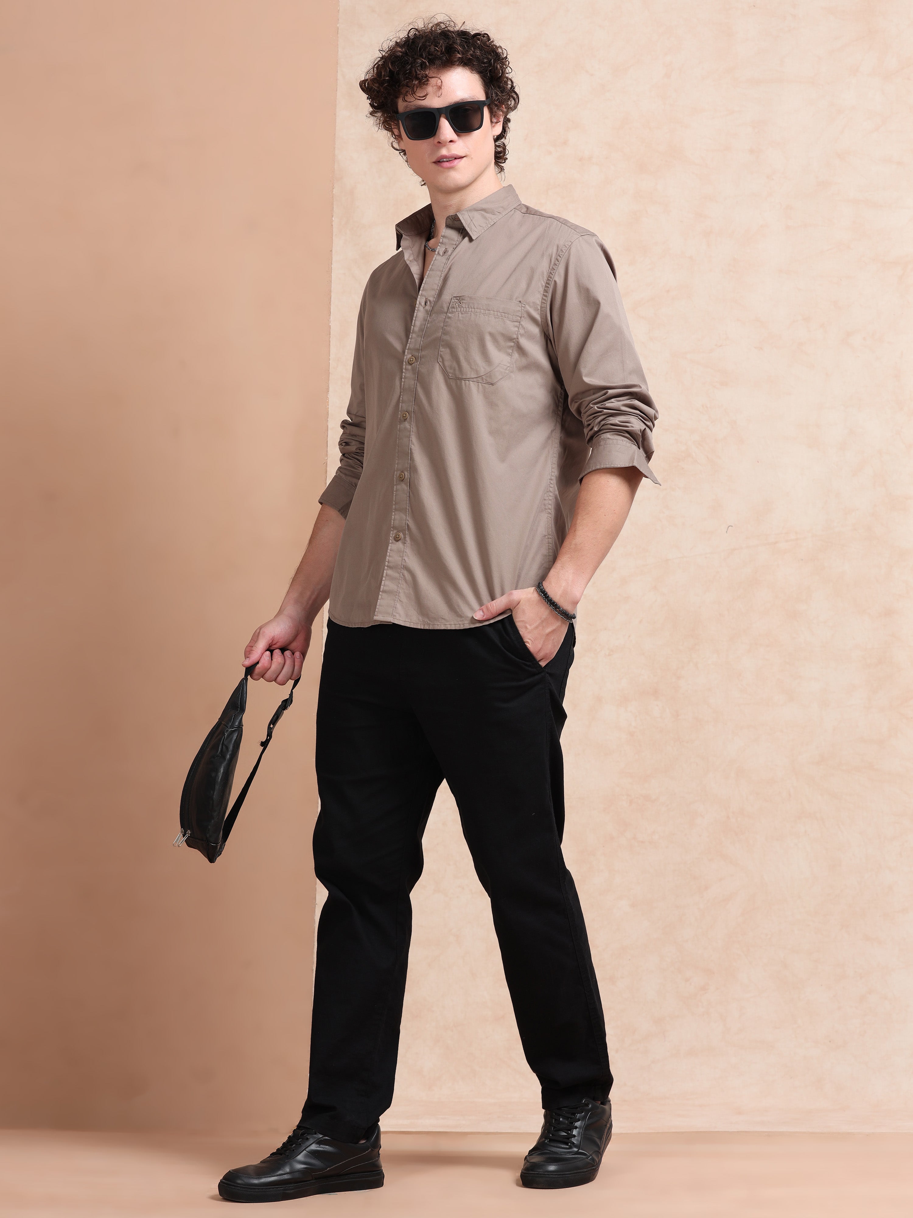 MEN'S DK.KHAKI SOLID SLIM FIT SHIRT