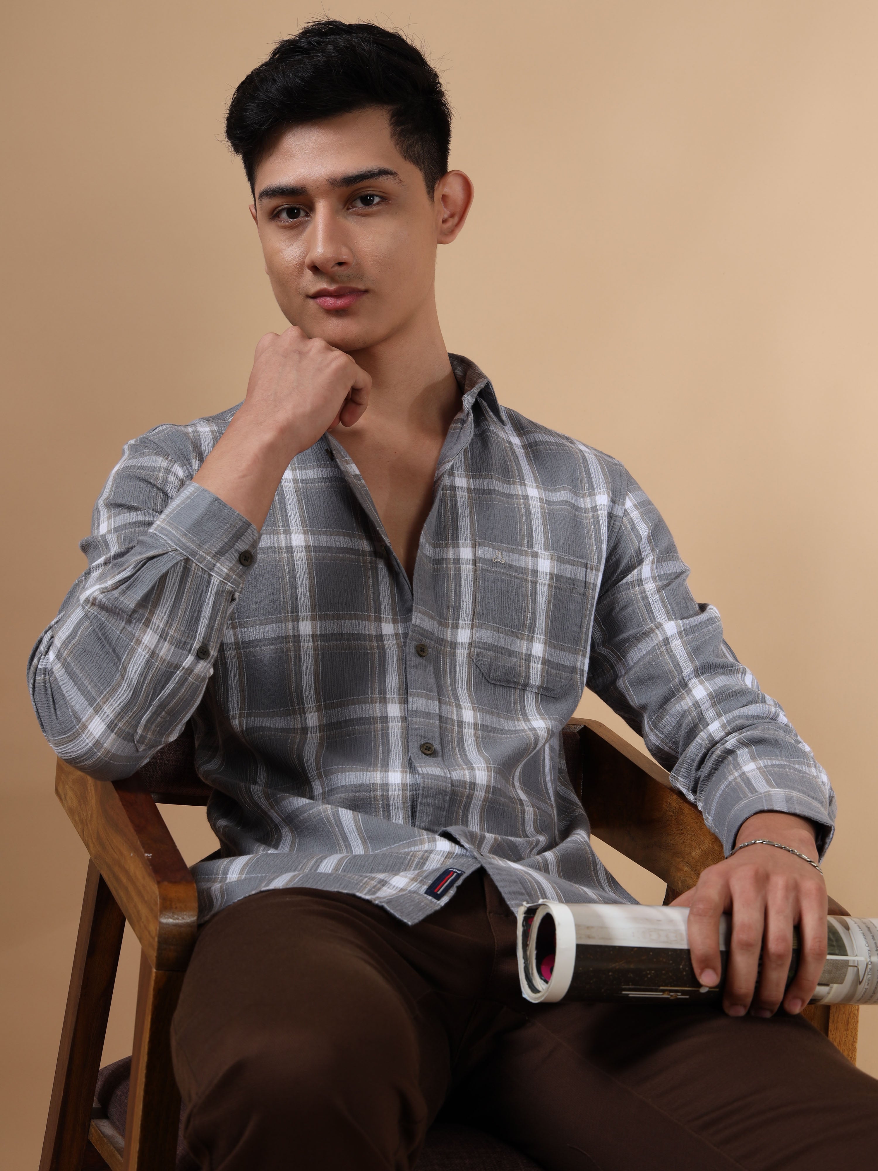 MEN'S GREY CHECKS SLIM FIT SHIRT