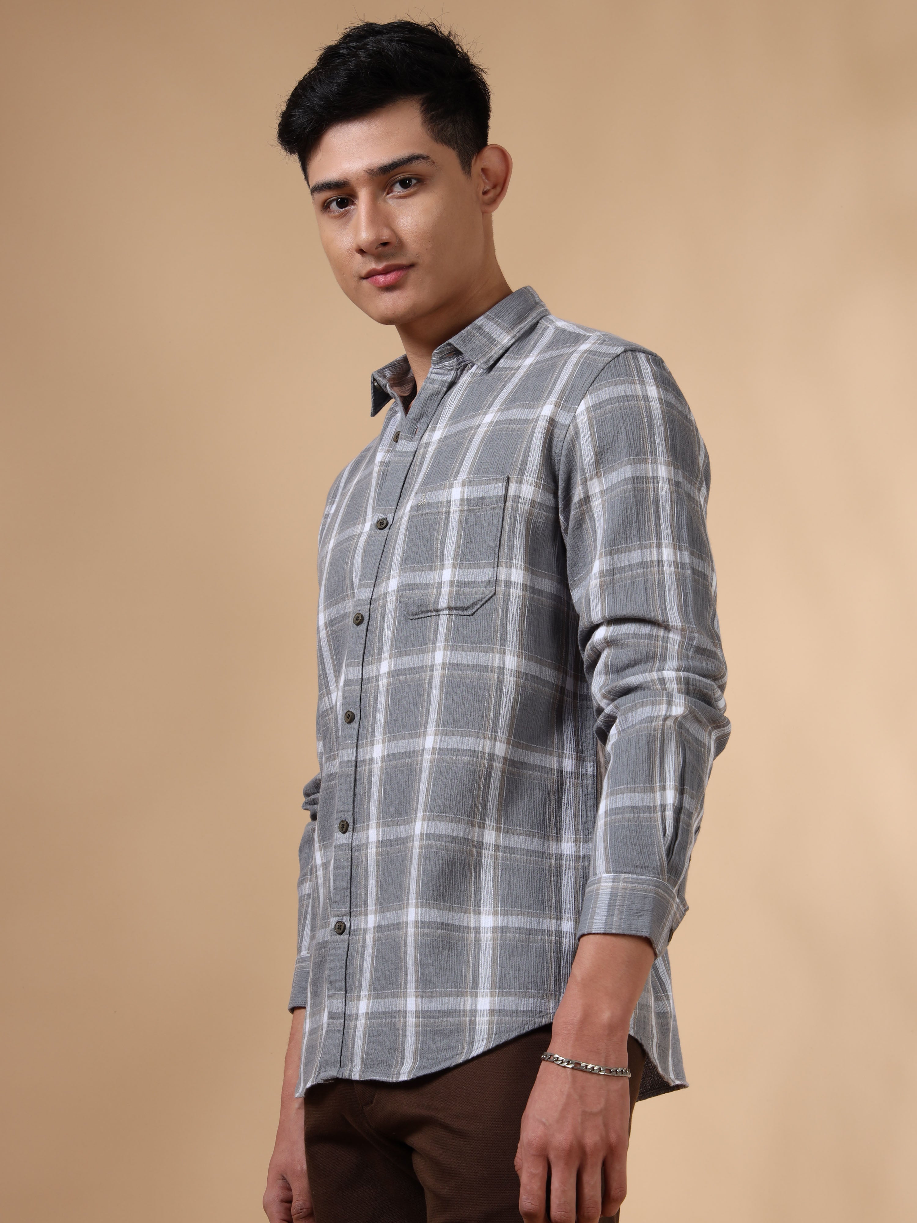 MEN'S GREY CHECKS SLIM FIT SHIRT