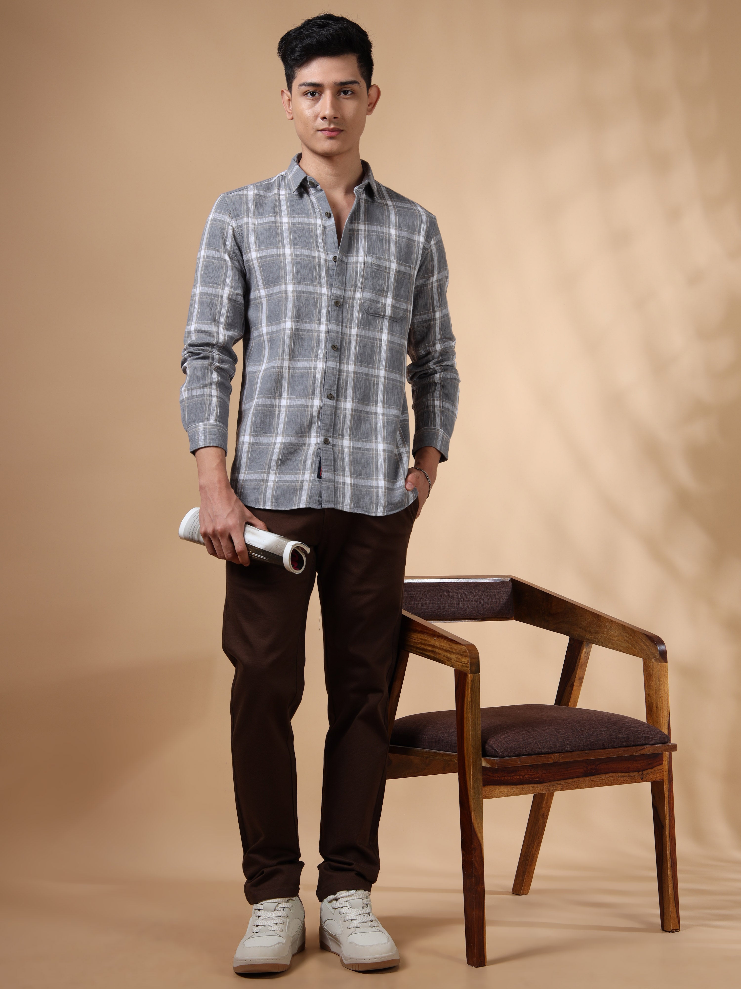 MEN'S GREY CHECKS SLIM FIT SHIRT