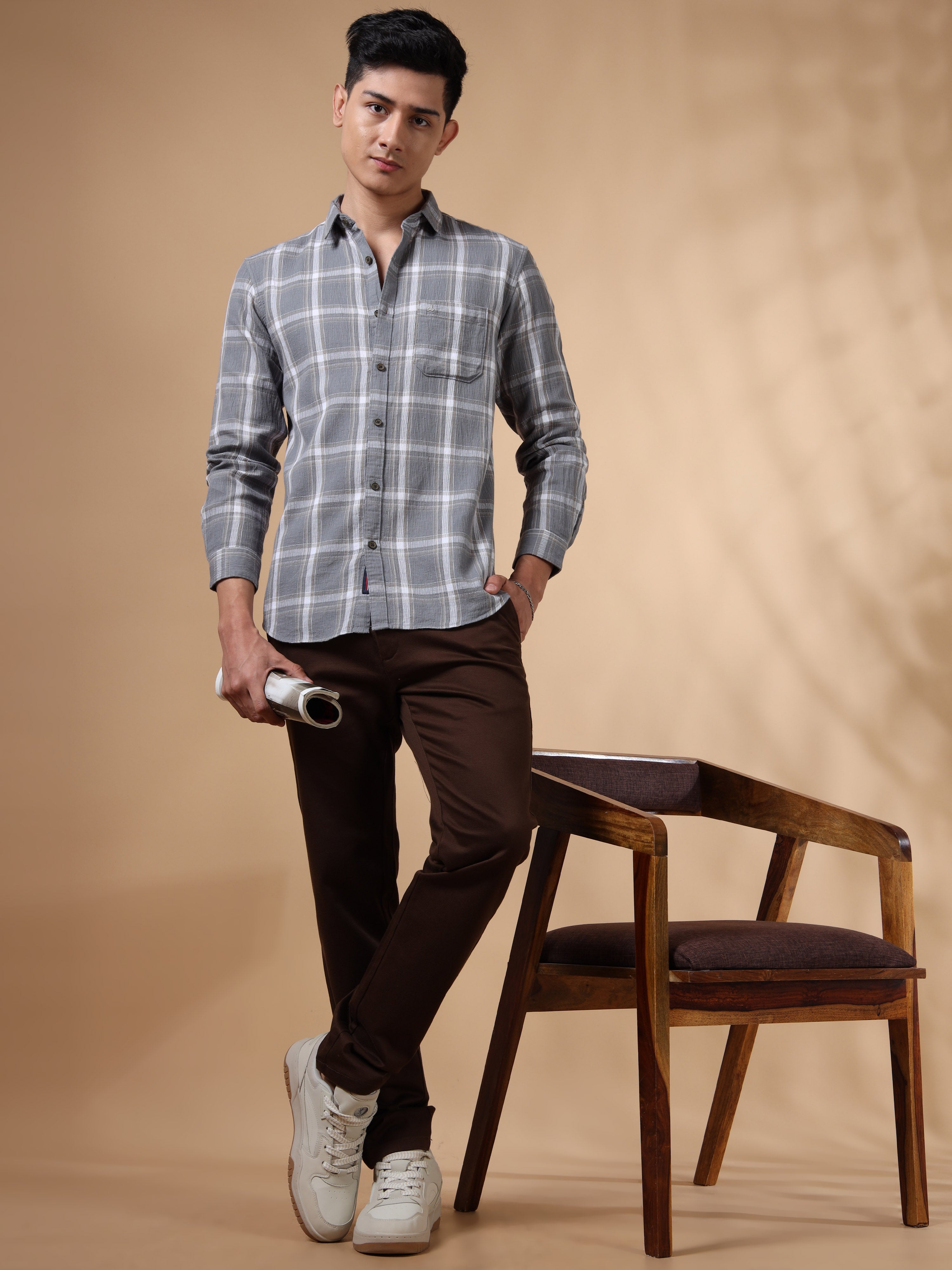 MEN'S GREY CHECKS SLIM FIT SHIRT