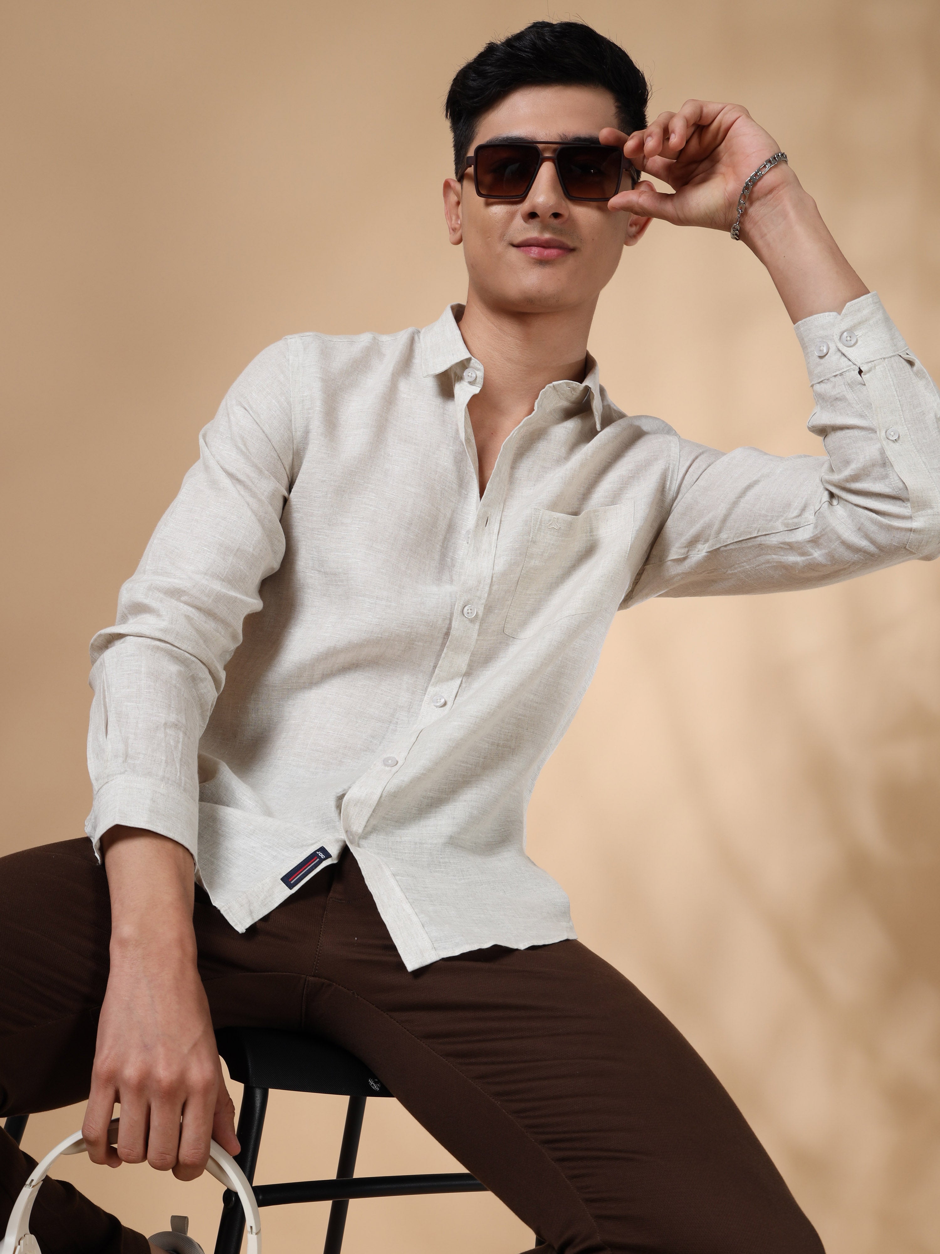 MEN'S NATURAL SOLID SLIM FIT LINEN SHIRT