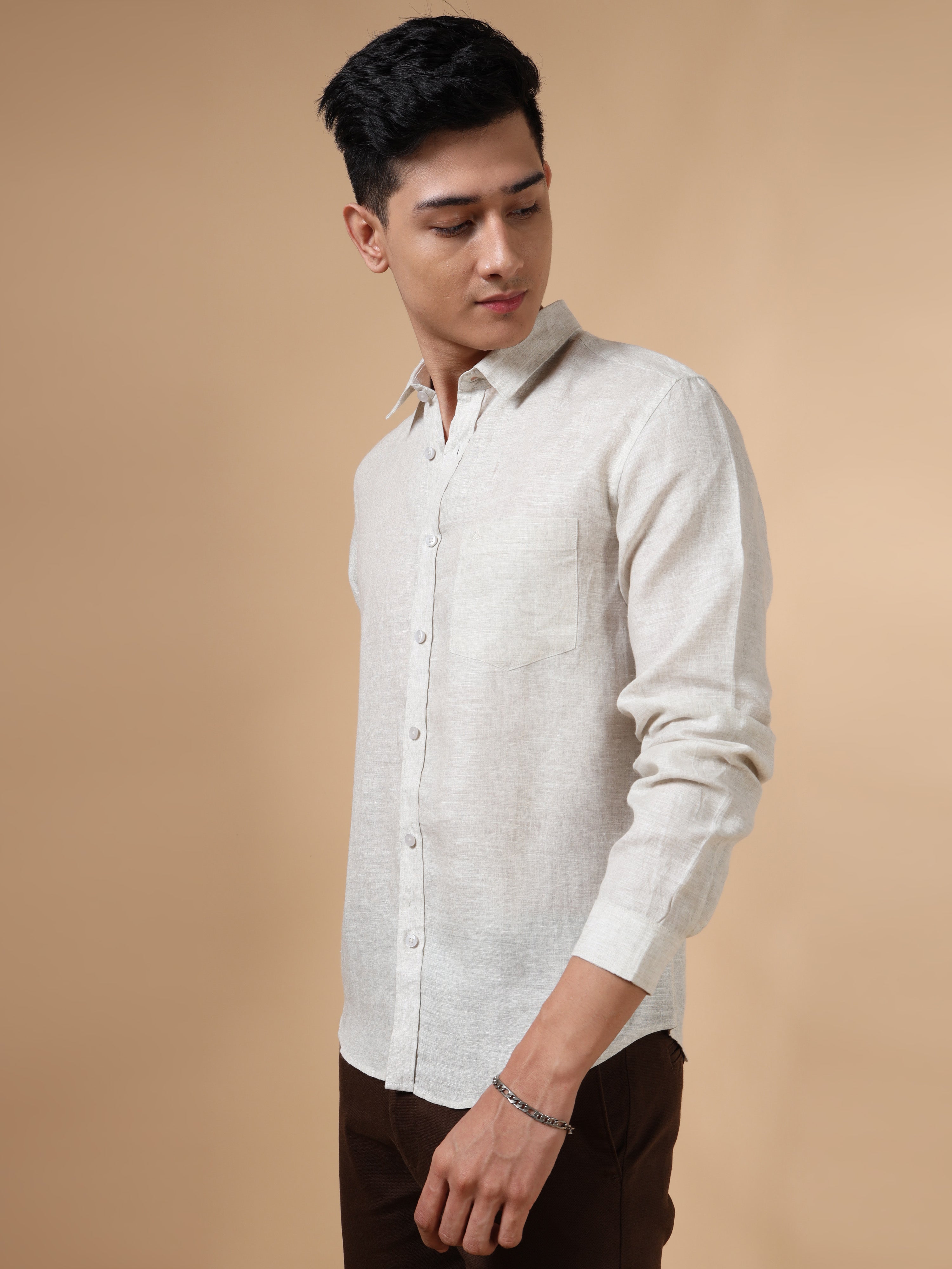 MEN'S NATURAL SOLID SLIM FIT LINEN SHIRT