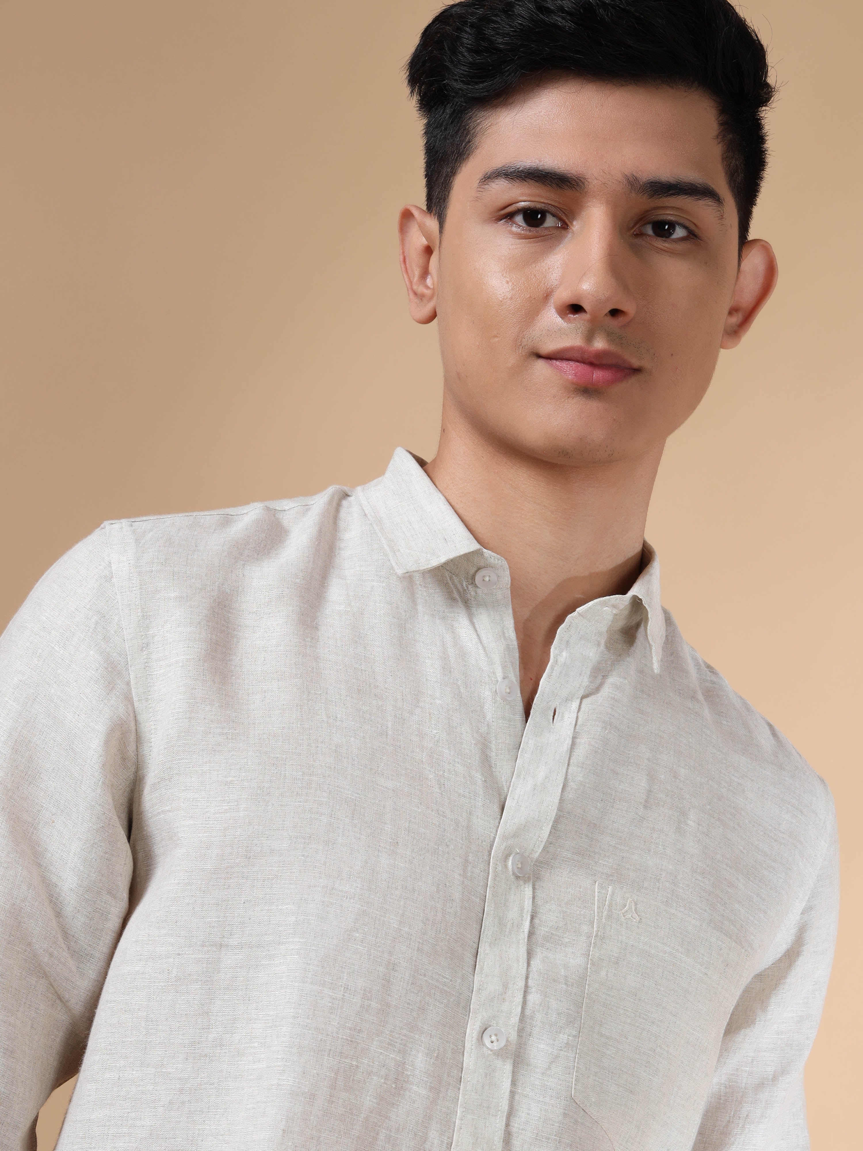 MEN'S NATURAL SOLID SLIM FIT LINEN SHIRT