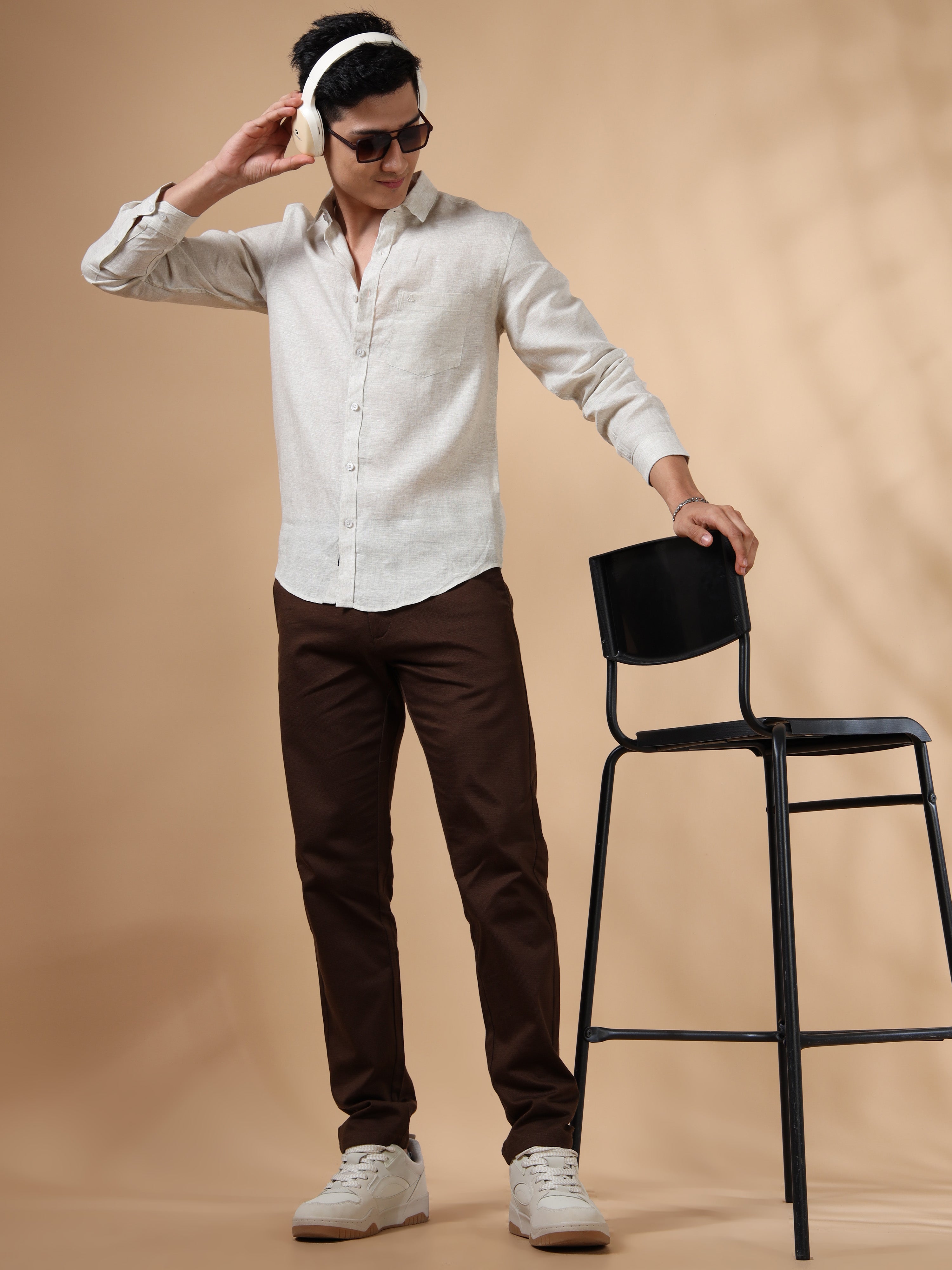 MEN'S NATURAL SOLID SLIM FIT LINEN SHIRT
