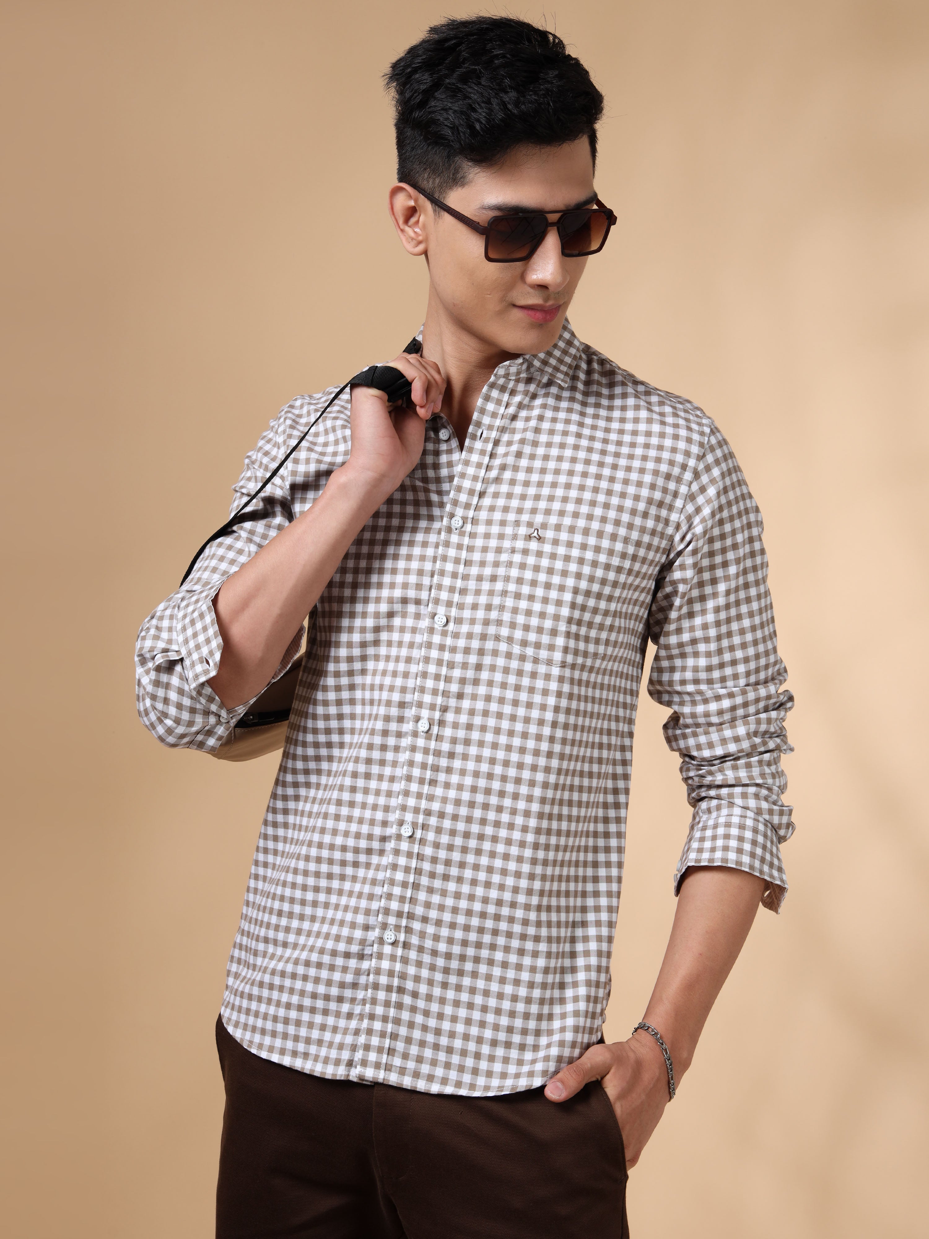 MEN'S BROWN CHECKS SLIM FIT SHIRT