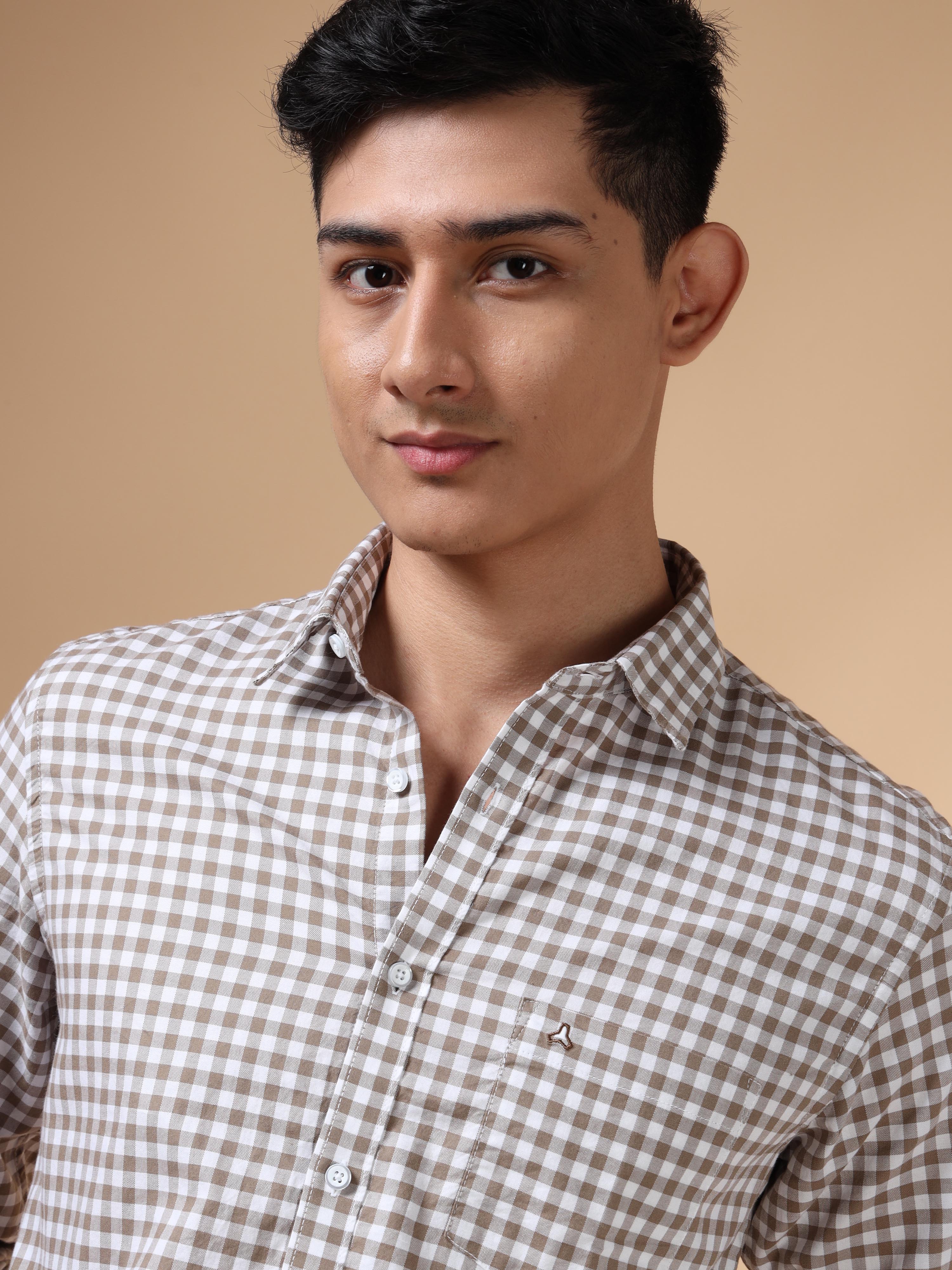 MEN'S BROWN CHECKS SLIM FIT SHIRT