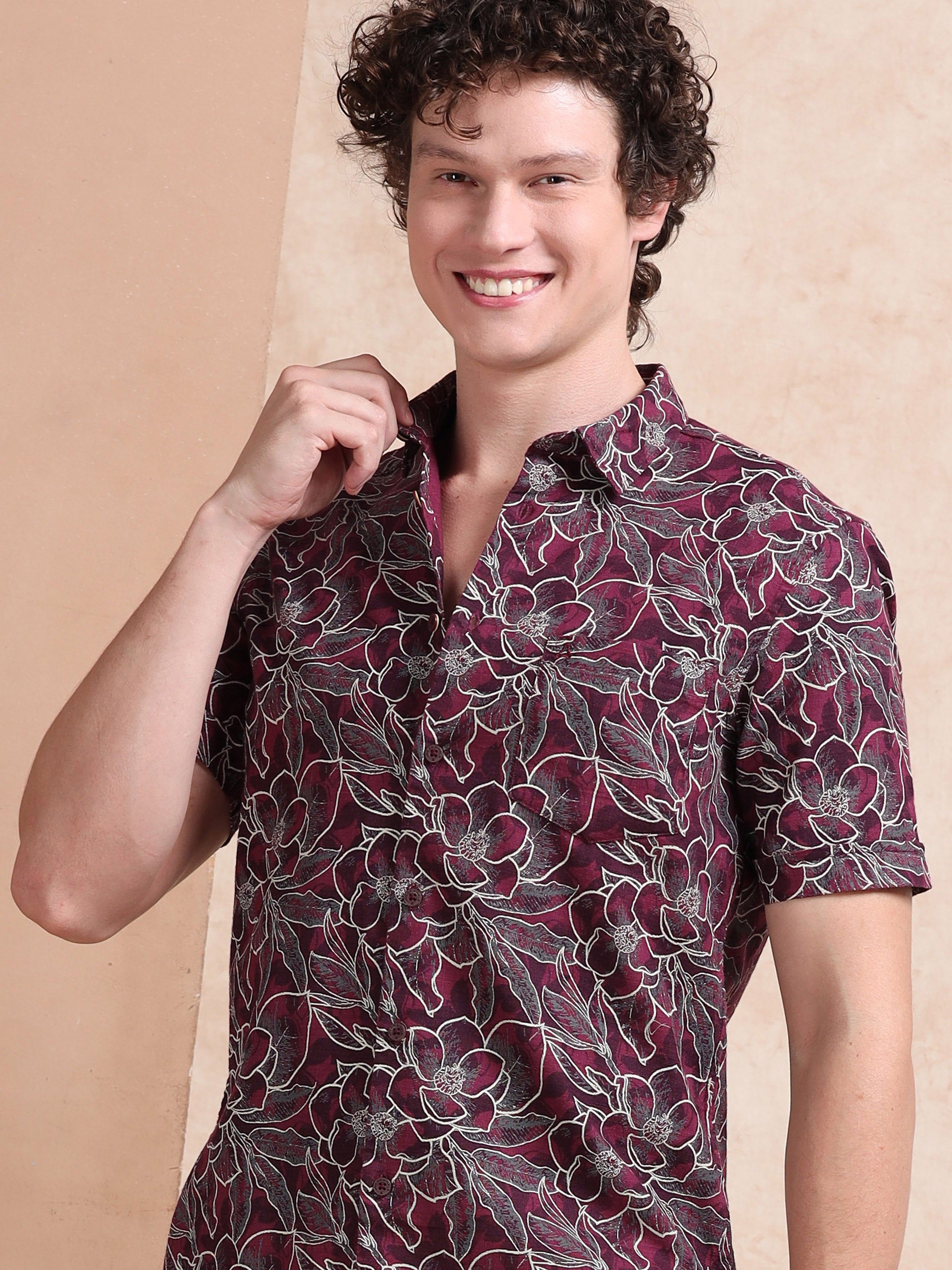 MEN'S MAROON PRINT SLIM FIT SHIRT