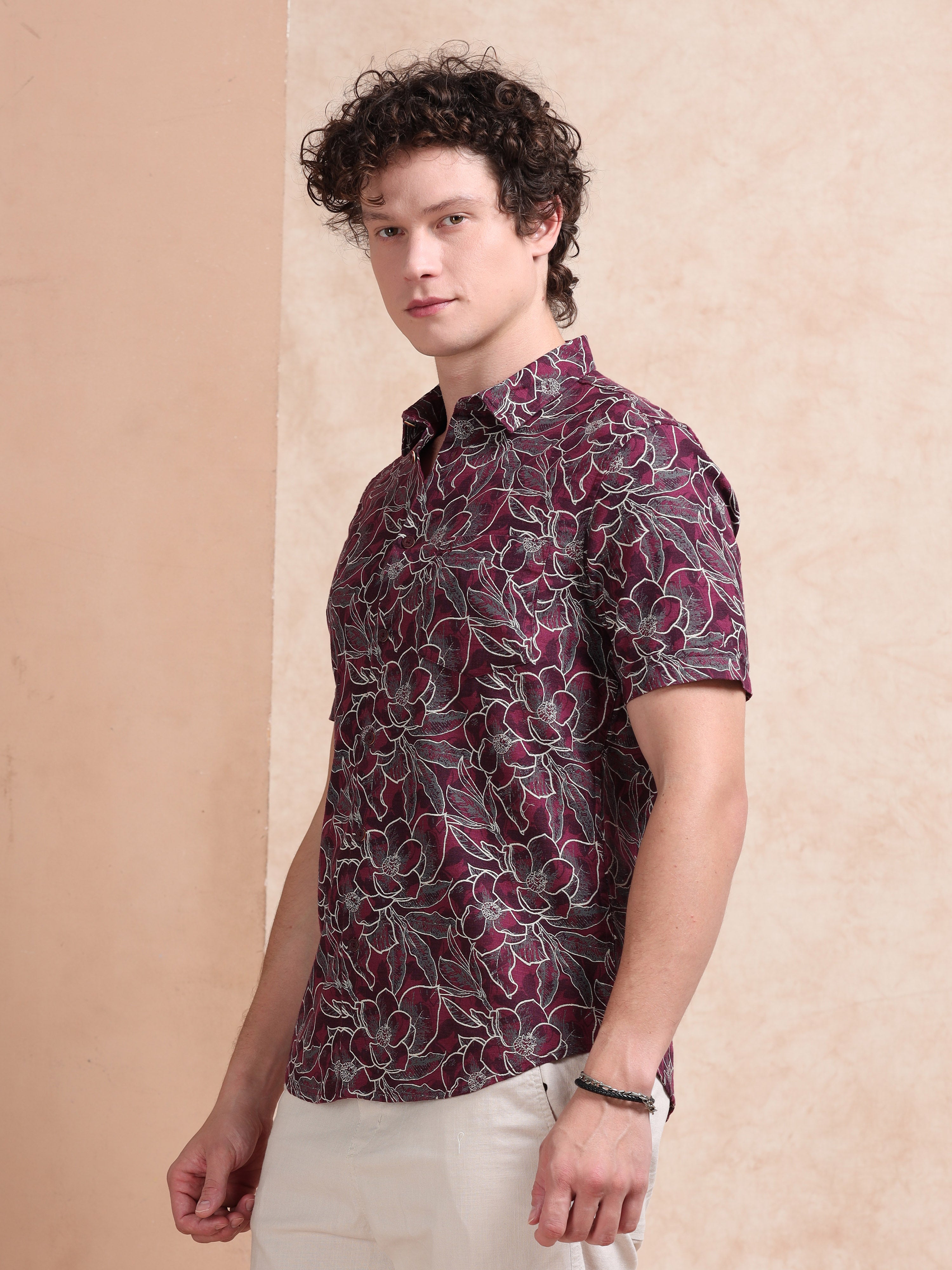 MEN'S MAROON PRINT SLIM FIT SHIRT