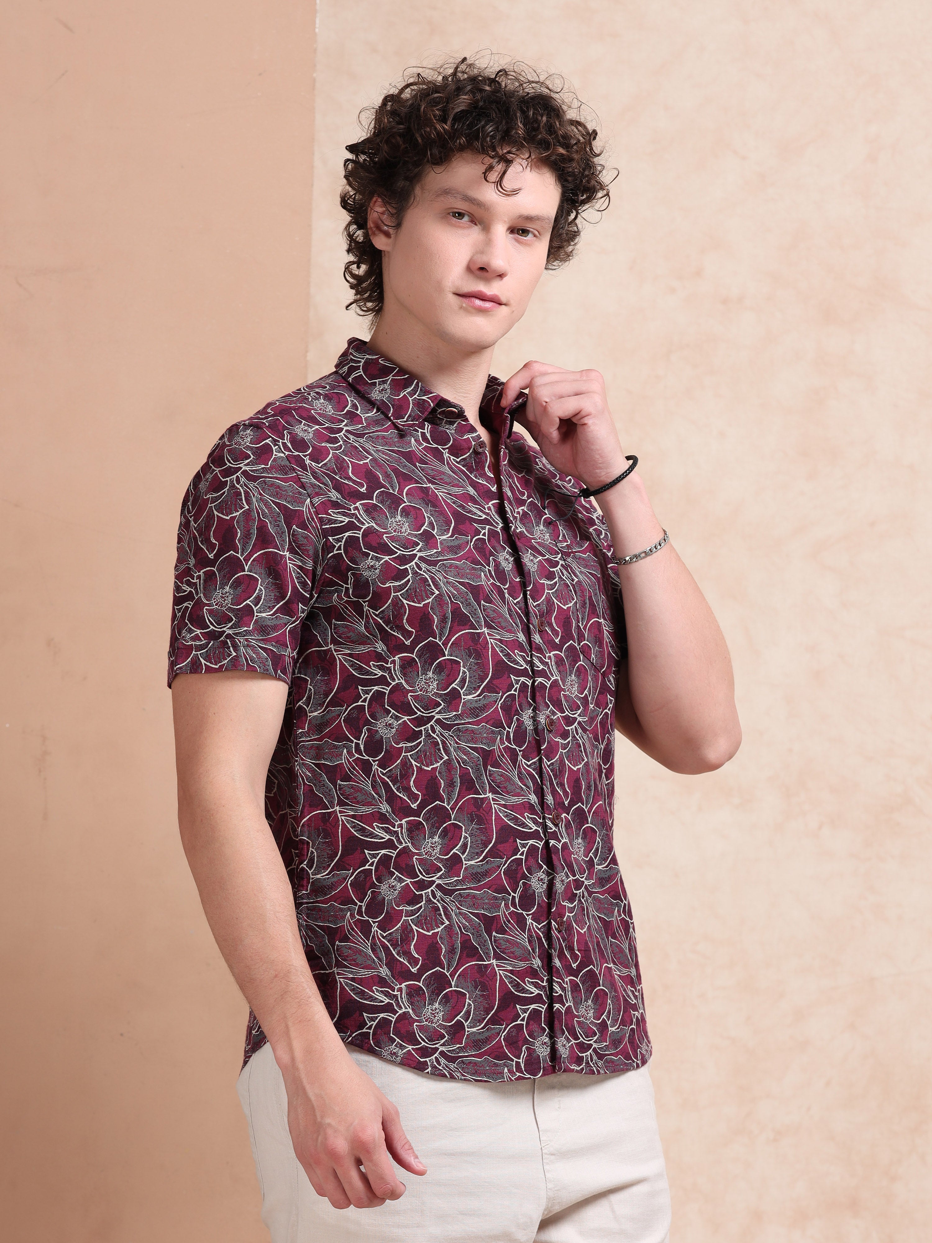 MEN'S MAROON PRINT SLIM FIT SHIRT