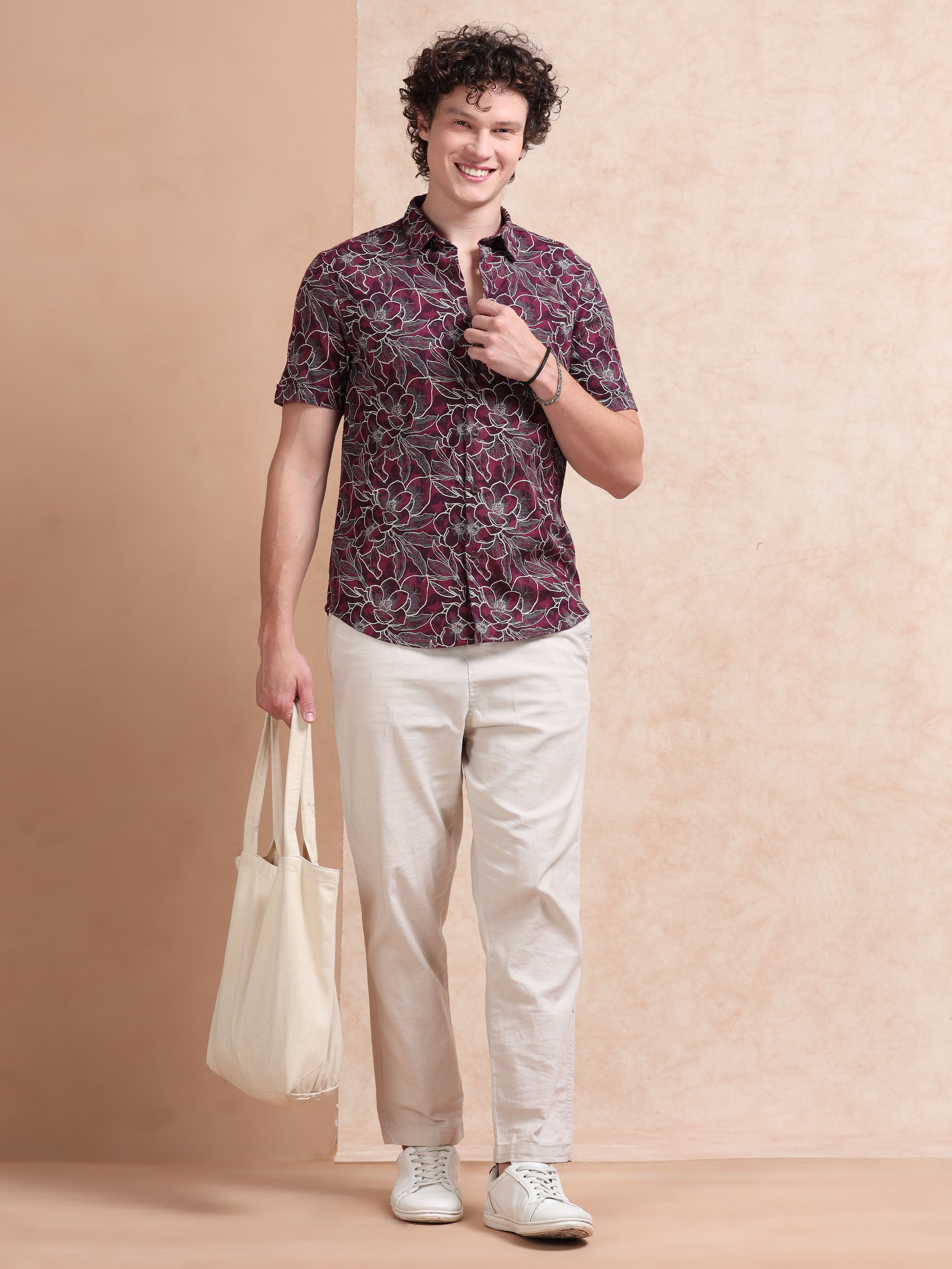 MEN'S MAROON PRINT SLIM FIT SHIRT