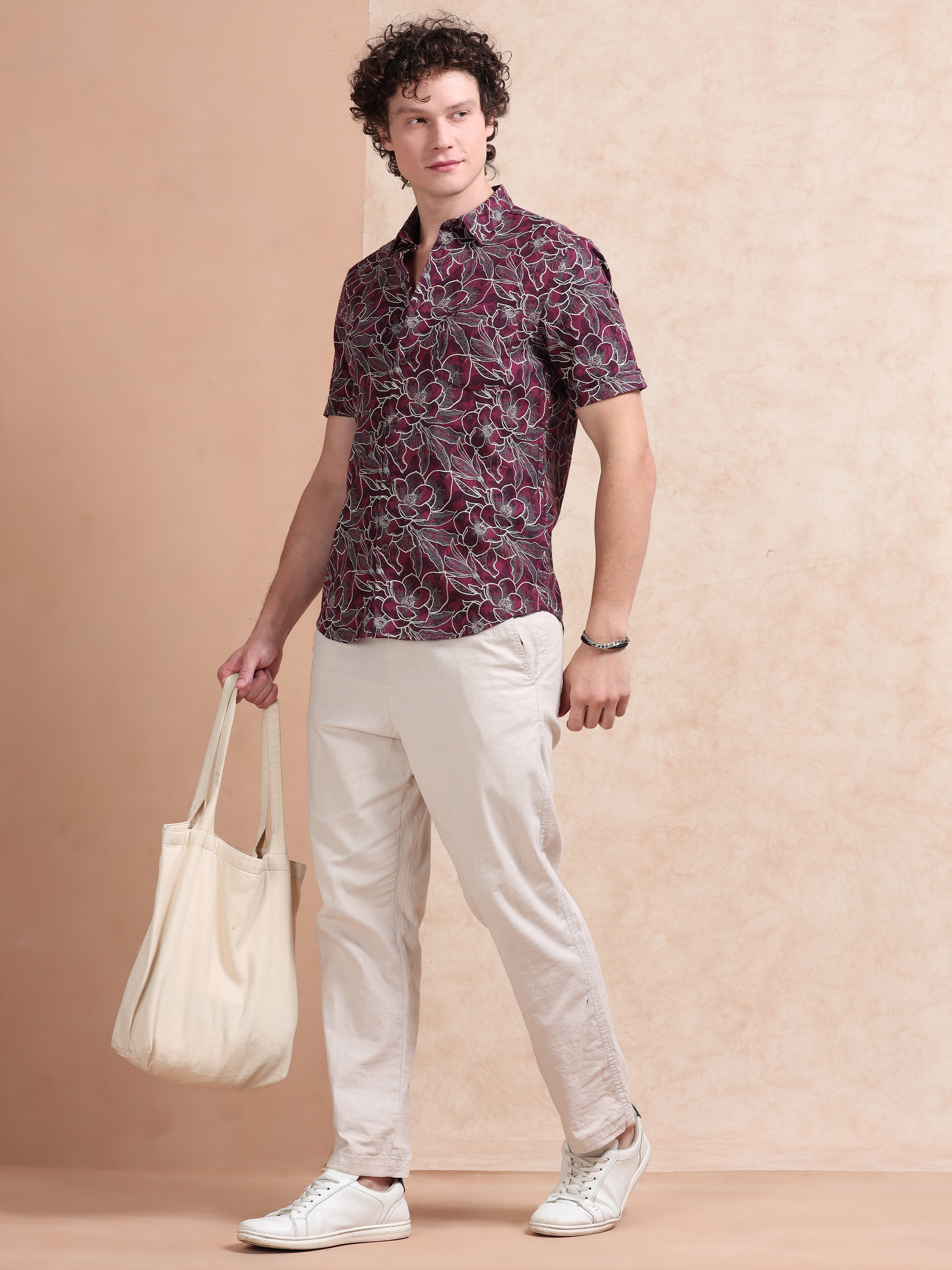 MEN'S MAROON PRINT SLIM FIT SHIRT