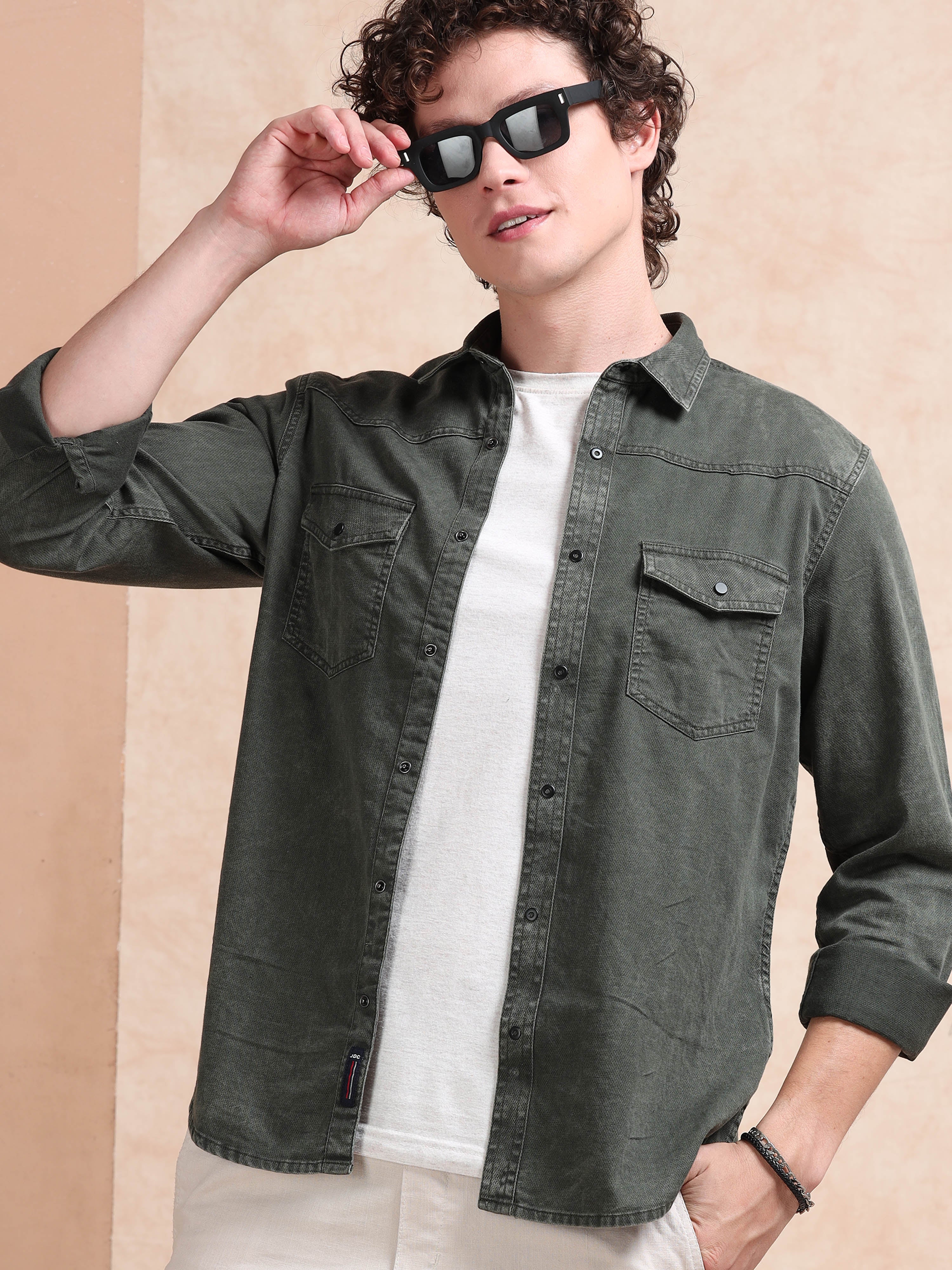 MEN'S BT.GREEN DENIM SOLID SLIM FIT SHIRT