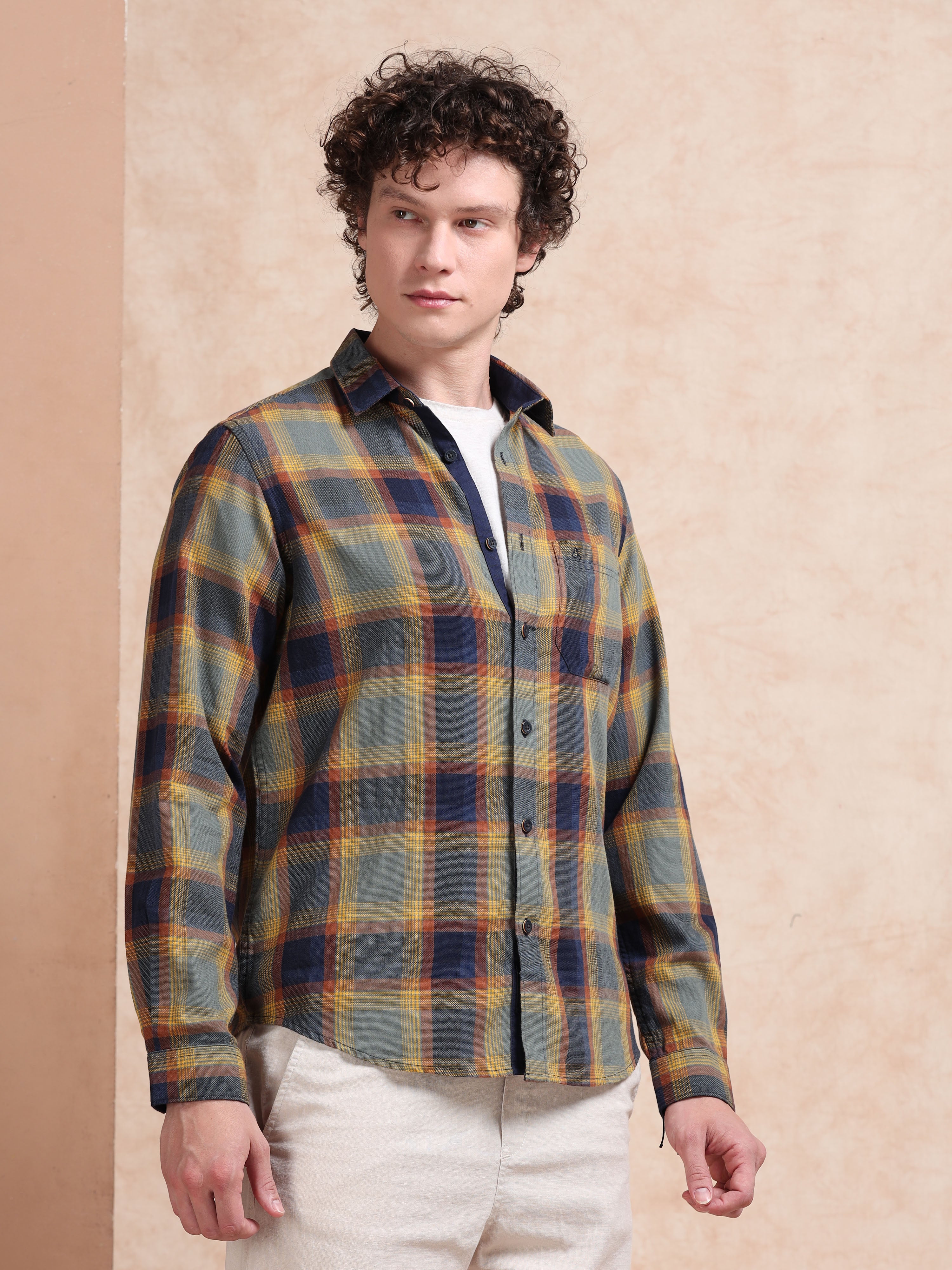 MEN'S YELLOW CHECKS SLIM FIT SHIRT