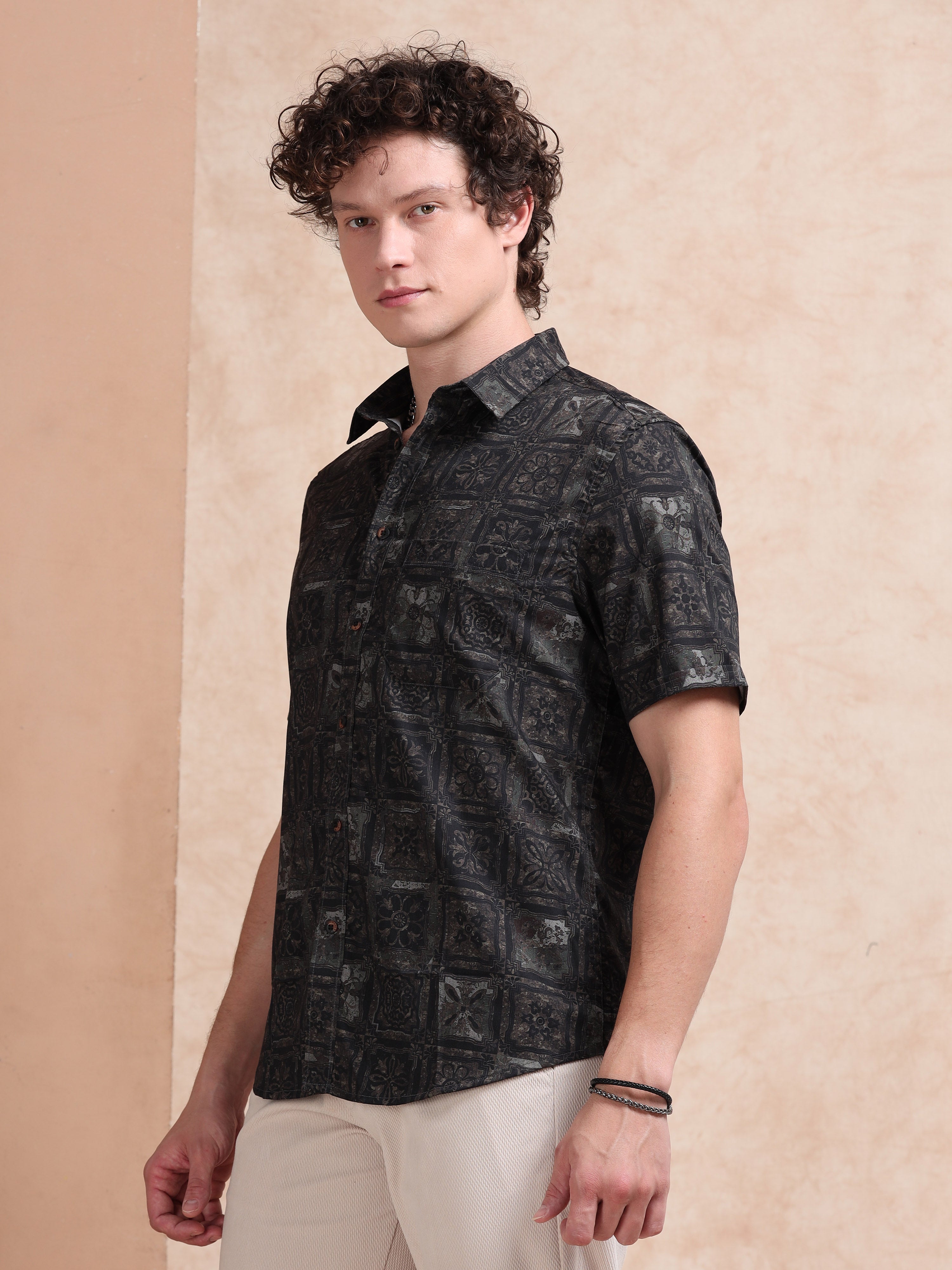 MEN'S BLACK PRINT SLIM FIT SHIRT