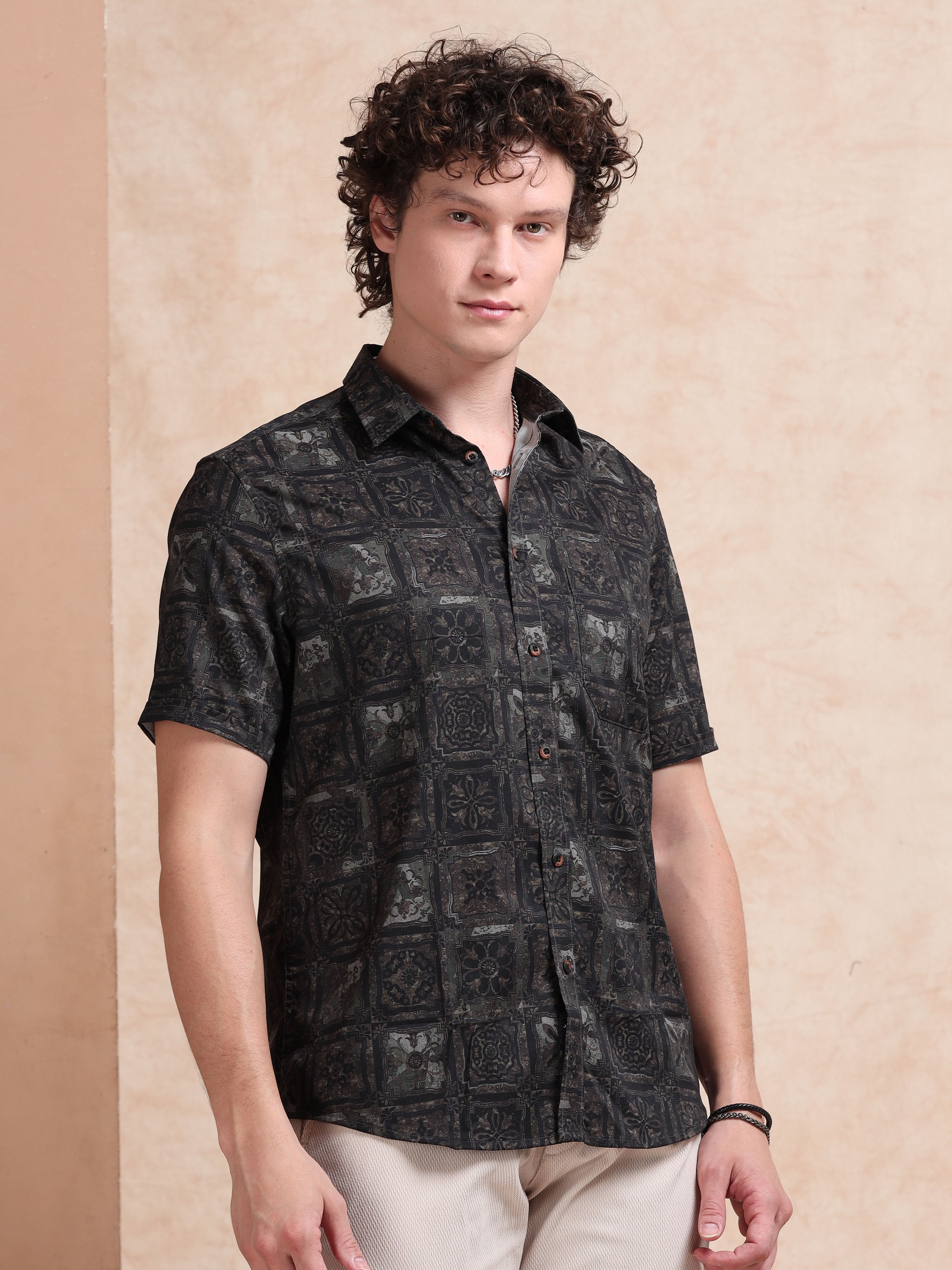 MEN'S BLACK PRINT SLIM FIT SHIRT