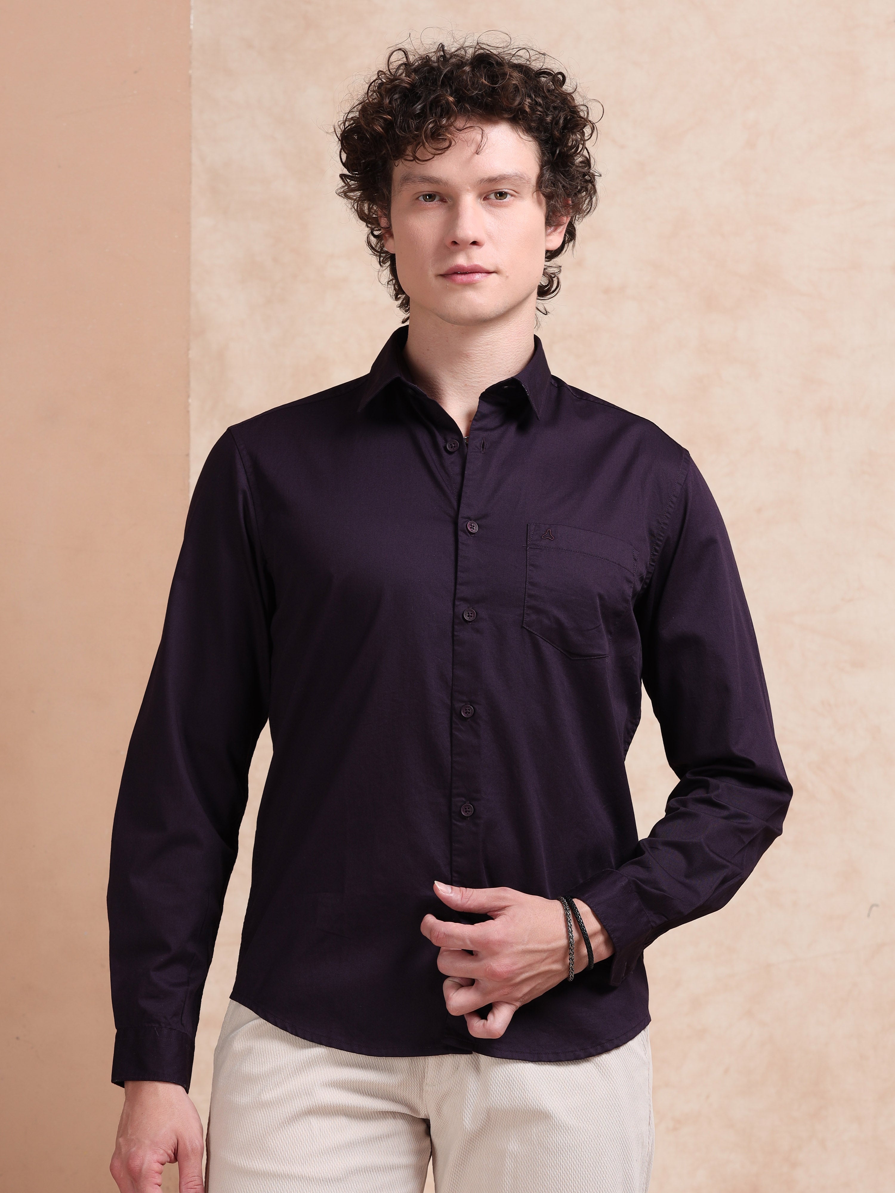 MEN'S WINE SOLID SLIM FIT SHIRT