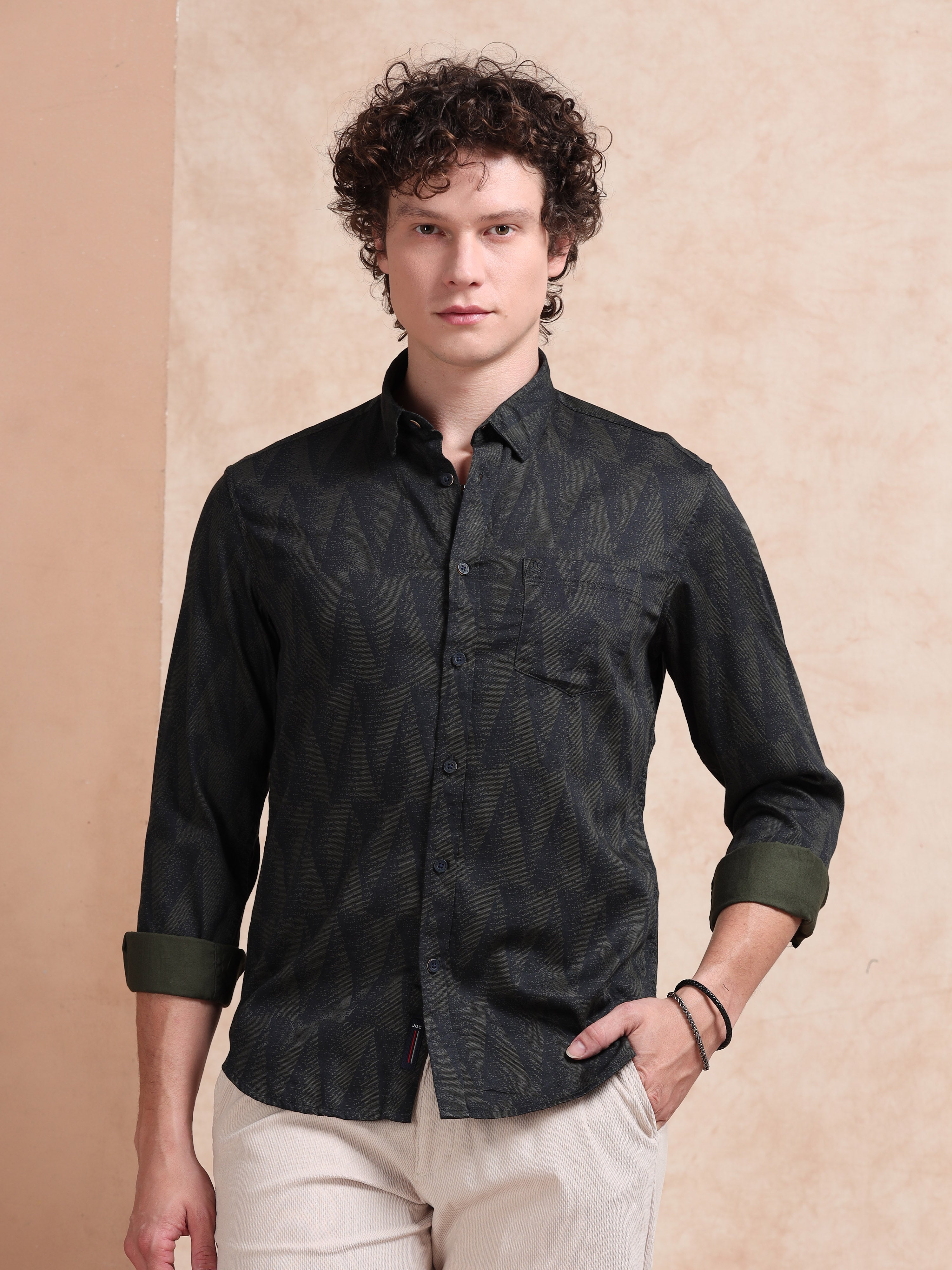 MEN'S GREEN PRINT SLIM FIT SHIRT
