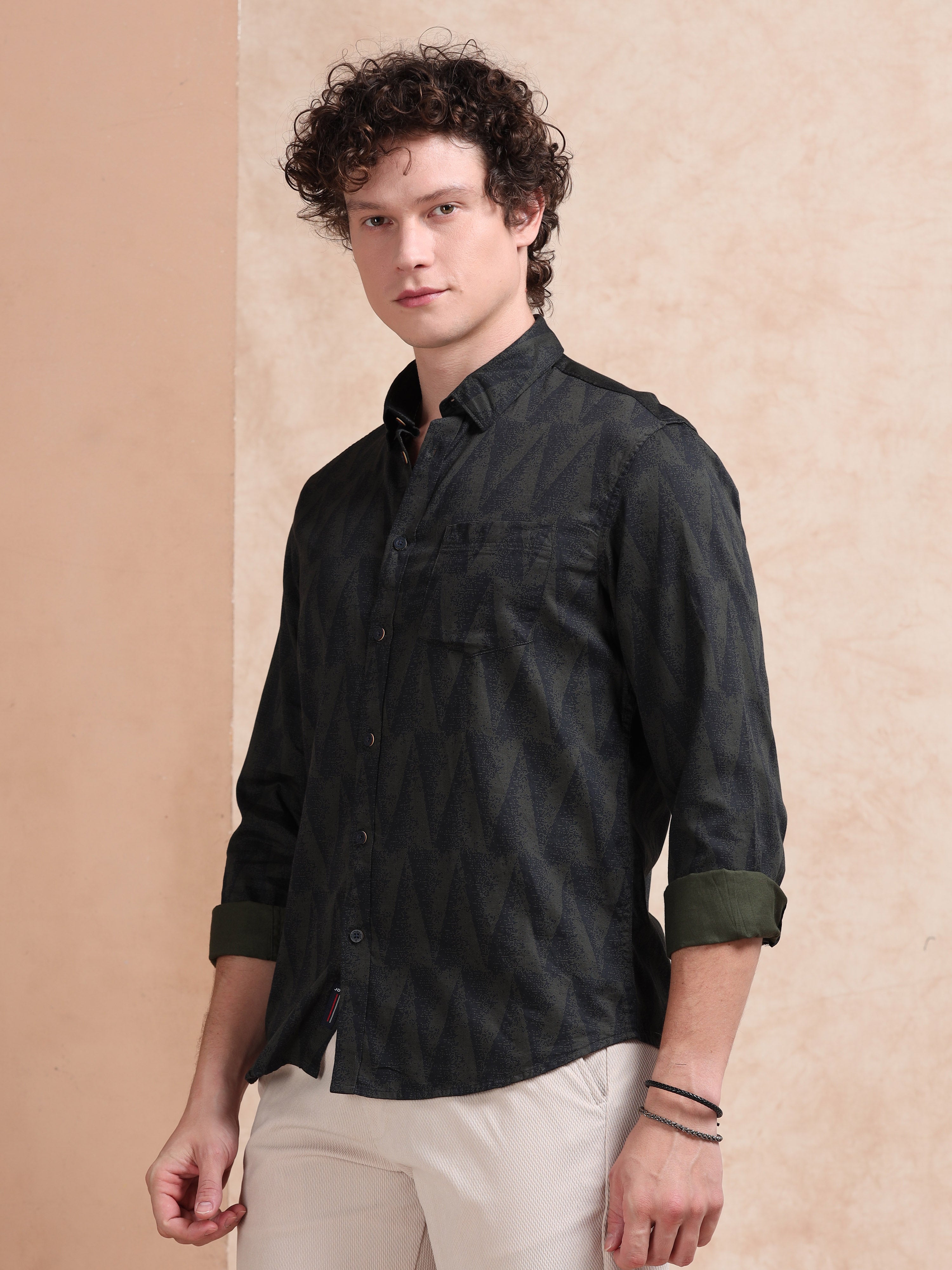 MEN'S GREEN PRINT SLIM FIT SHIRT