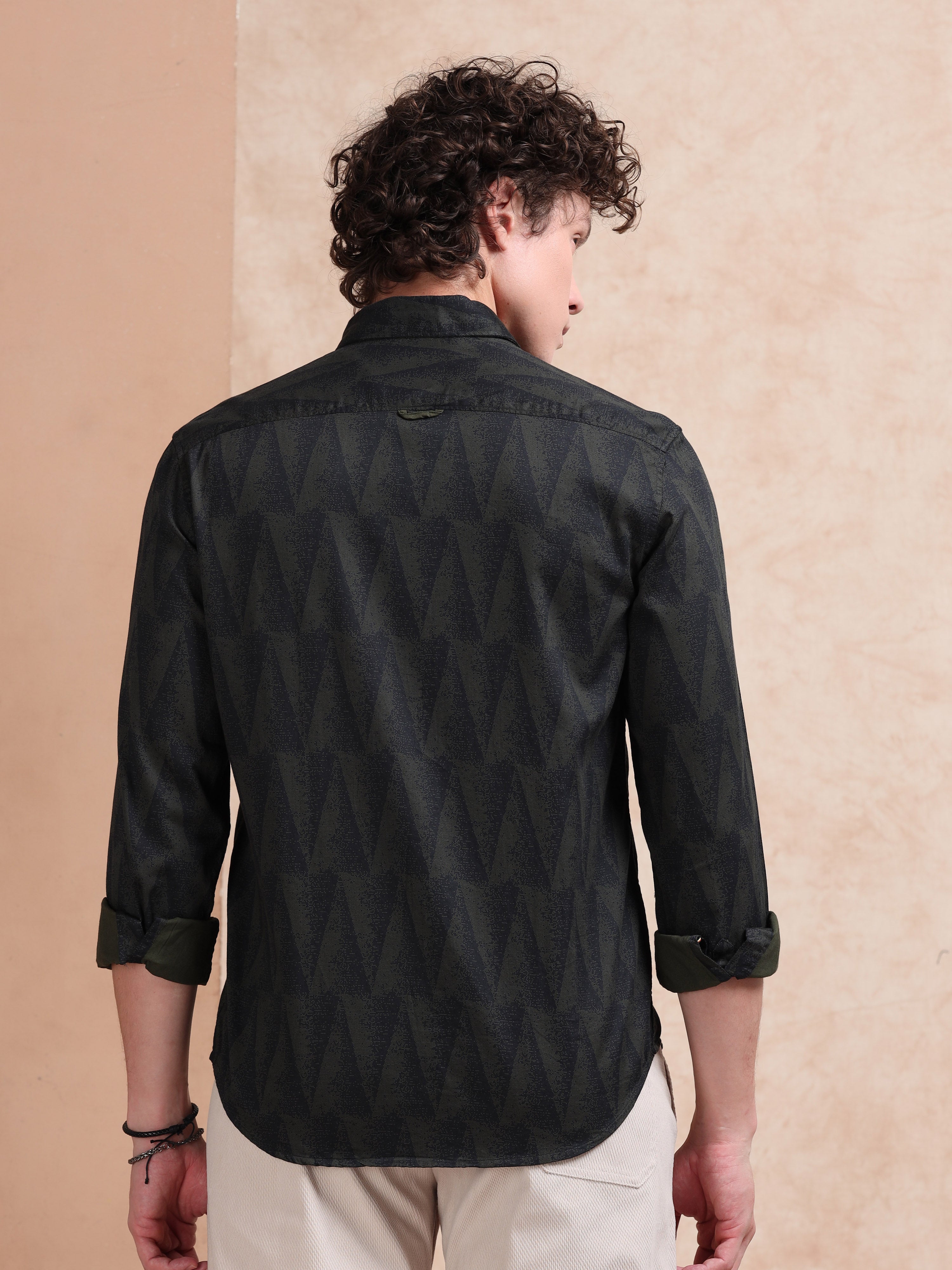 MEN'S GREEN PRINT SLIM FIT SHIRT