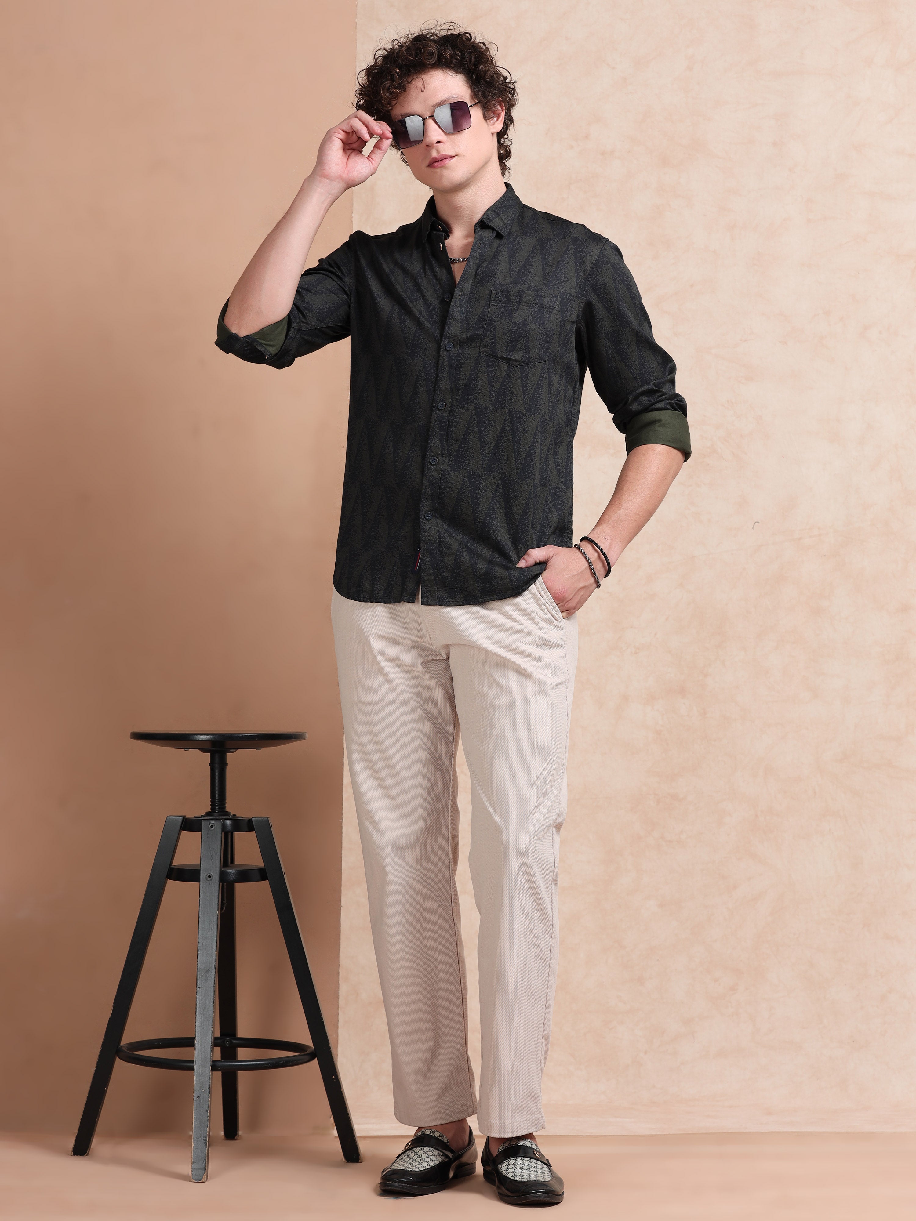 MEN'S GREEN PRINT SLIM FIT SHIRT