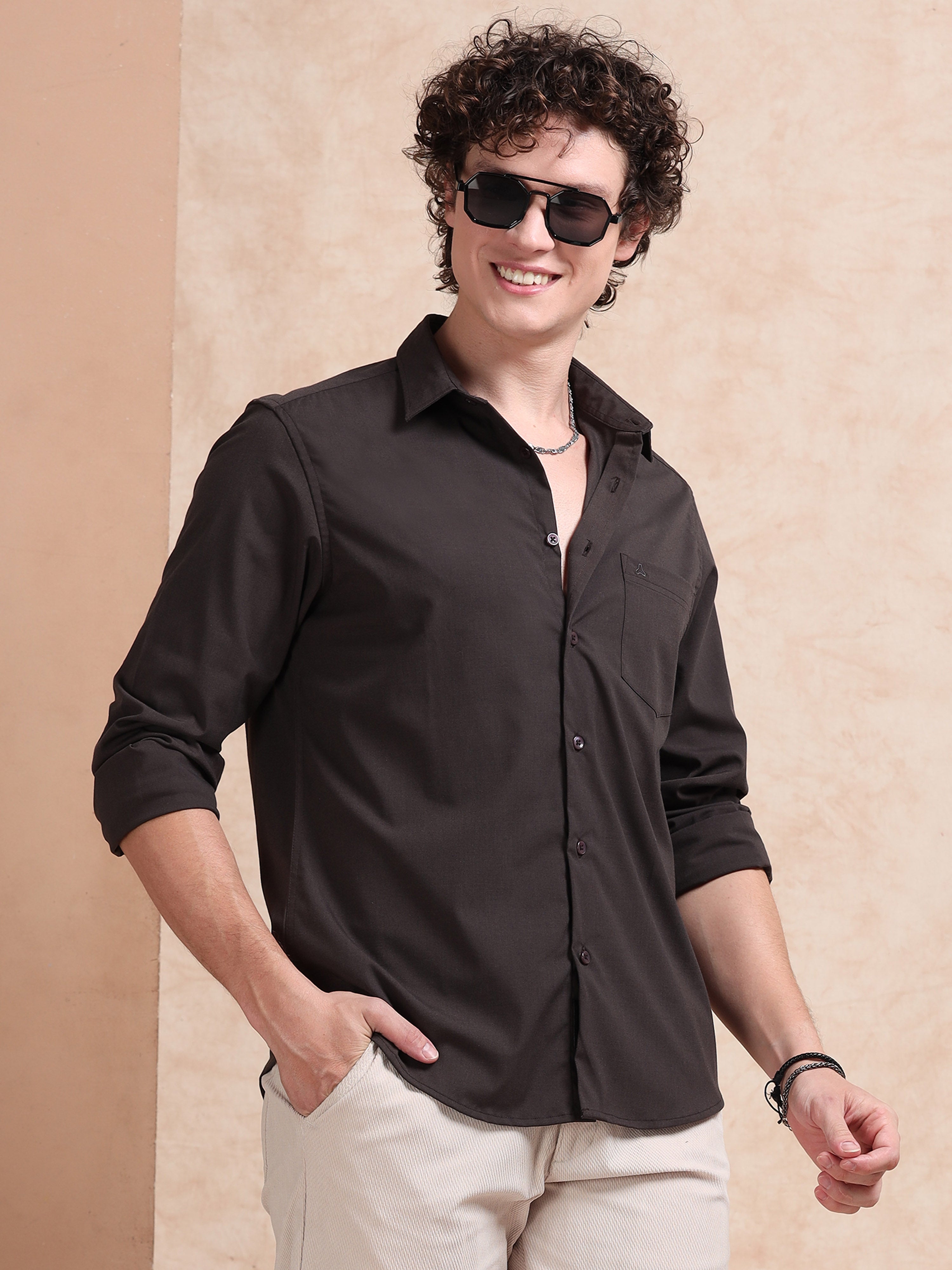 MEN'S BROWN SOLID SLIM FIT SHIRT