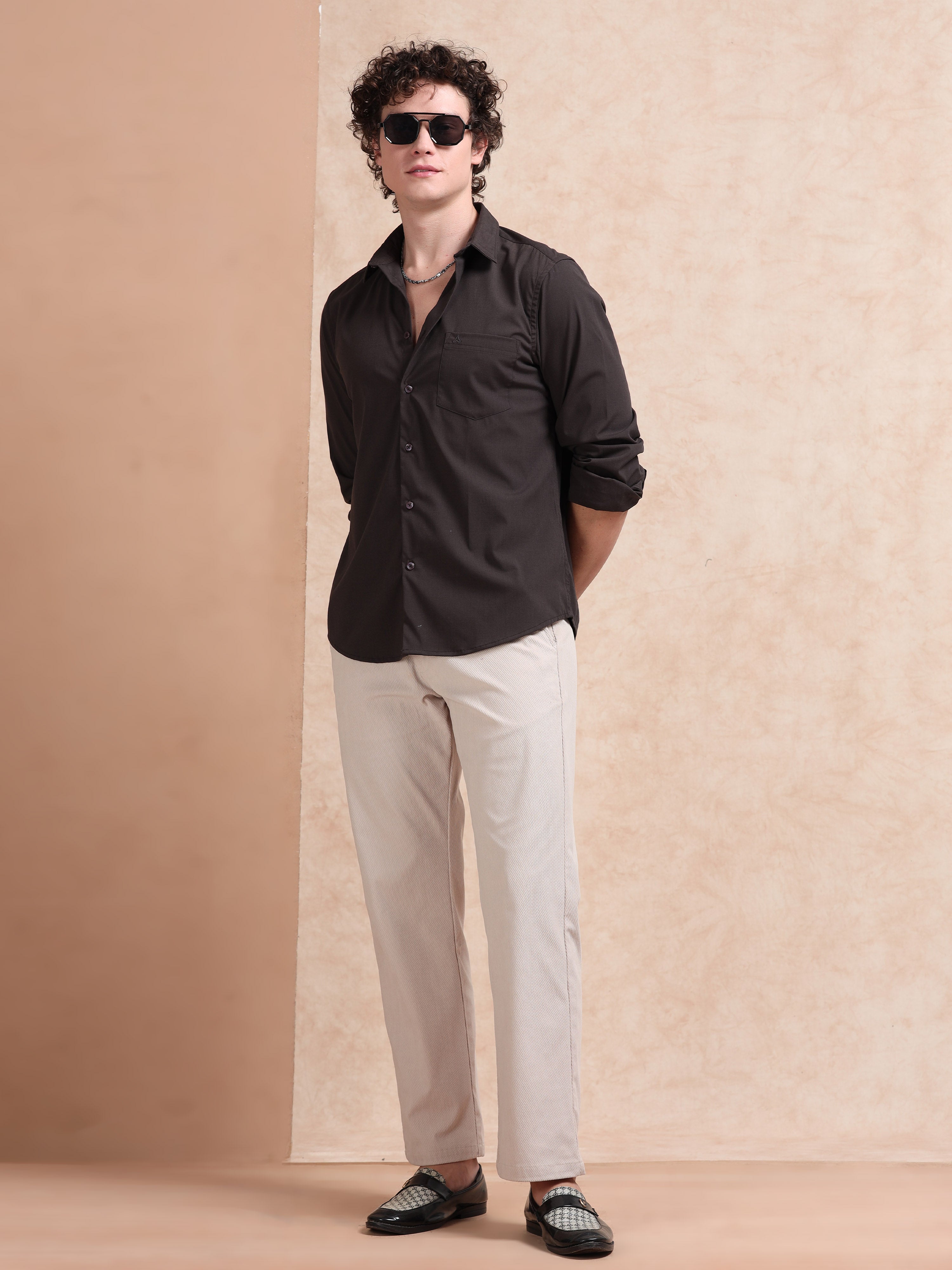 MEN'S BROWN SOLID SLIM FIT SHIRT