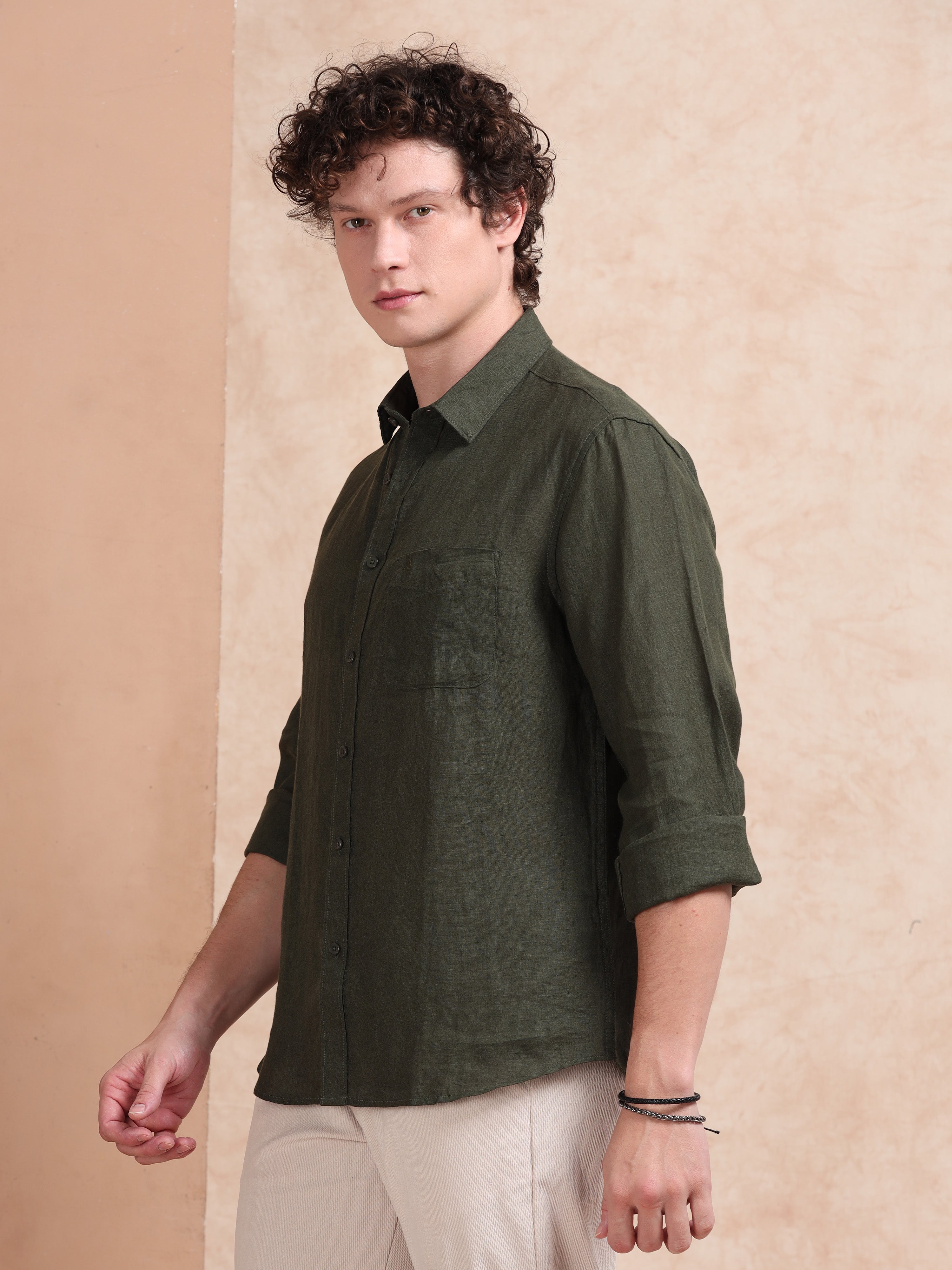 MEN'S BT.GREEN SOLID SLIM FIT LINEN SHIRT