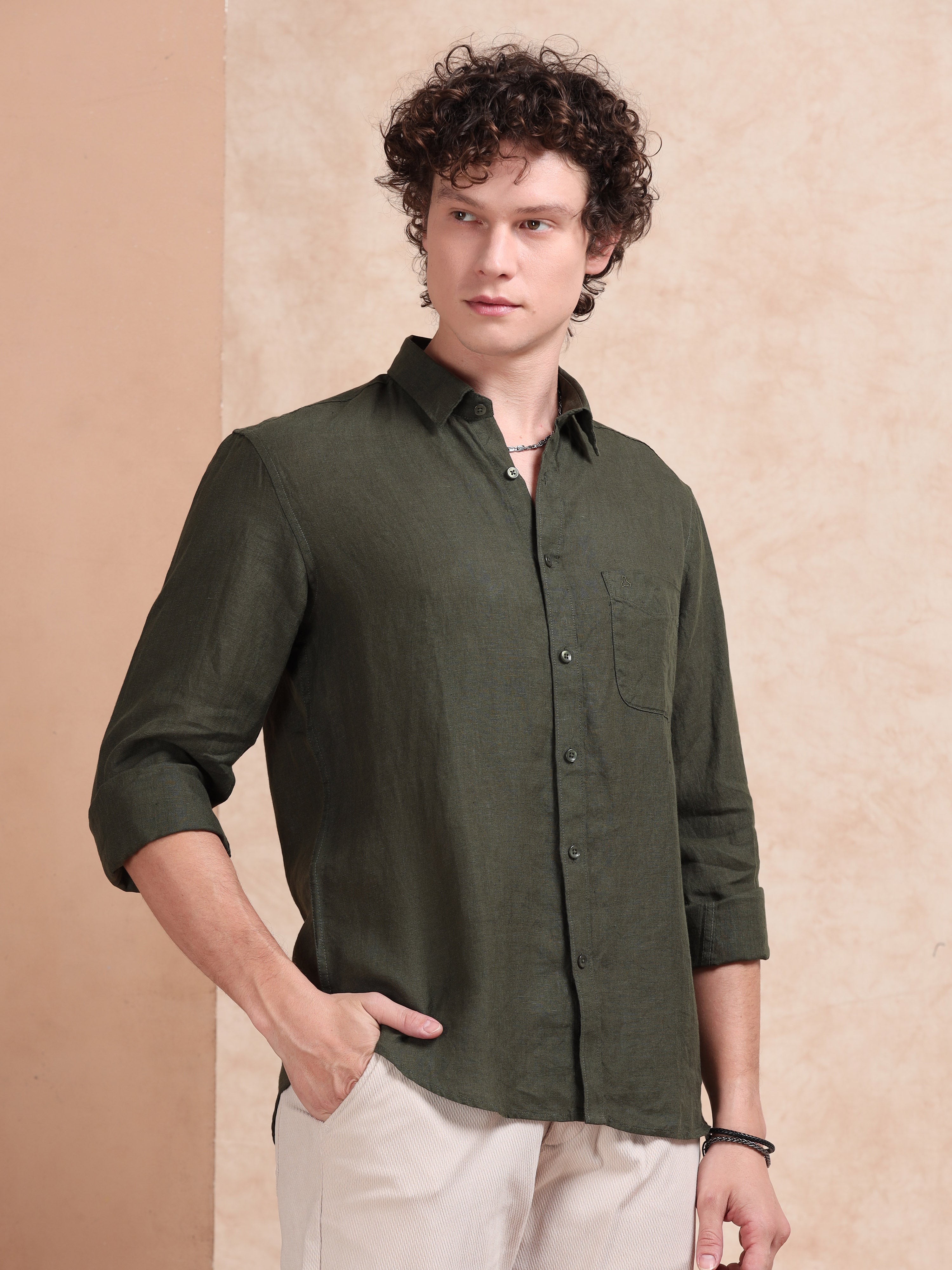 MEN'S BT.GREEN SOLID SLIM FIT LINEN SHIRT