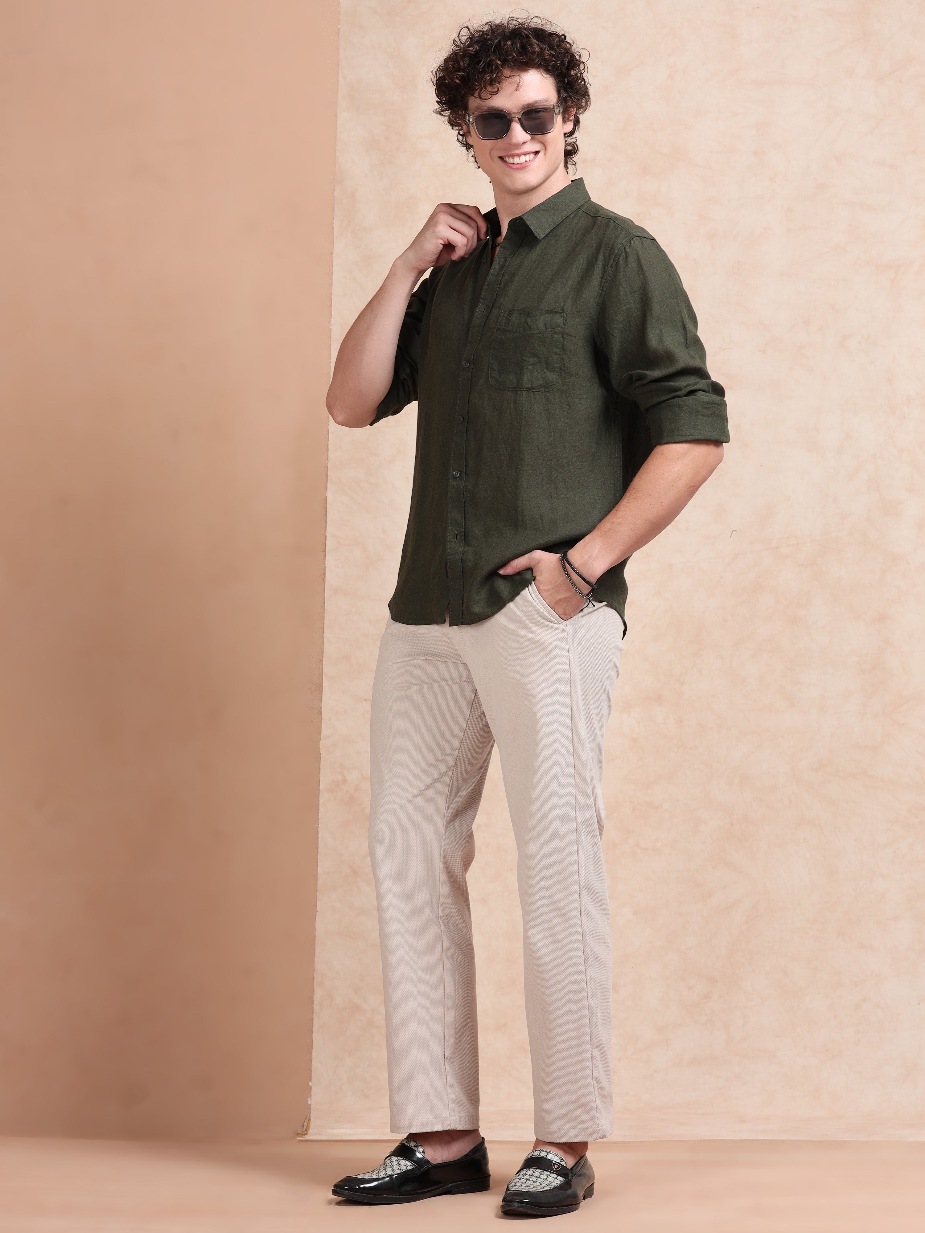 MEN'S BT.GREEN SOLID SLIM FIT LINEN SHIRT
